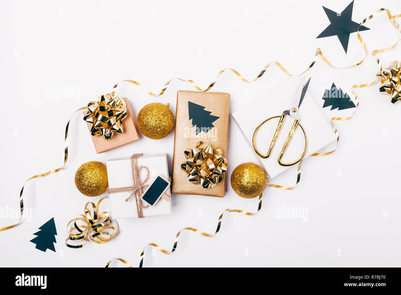 Decorative Flat Lay Christmas Composition Of Gold And Black