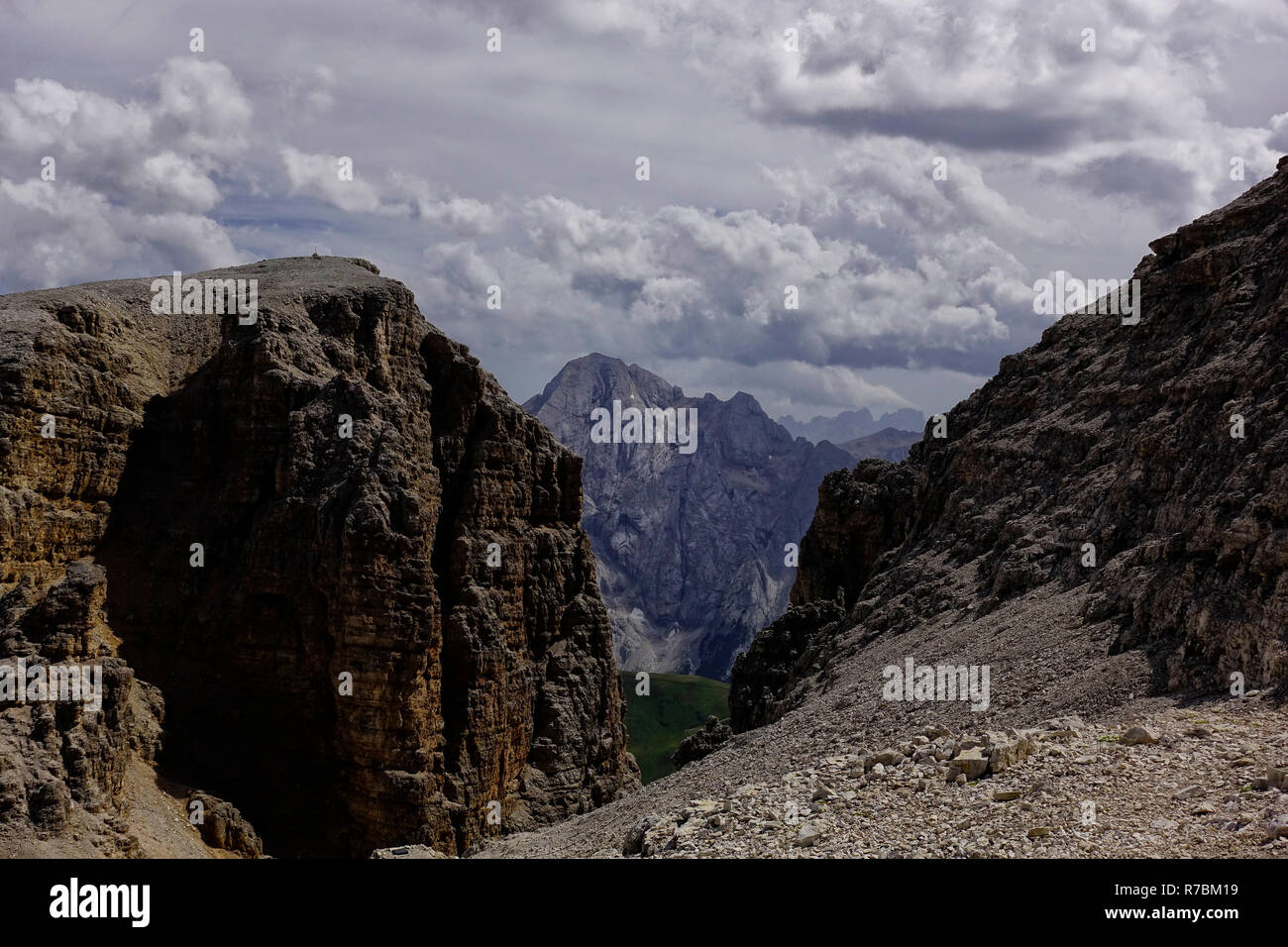 Summer view of Sella Towers and Piz Boè from Passo Pordoi, Canazei