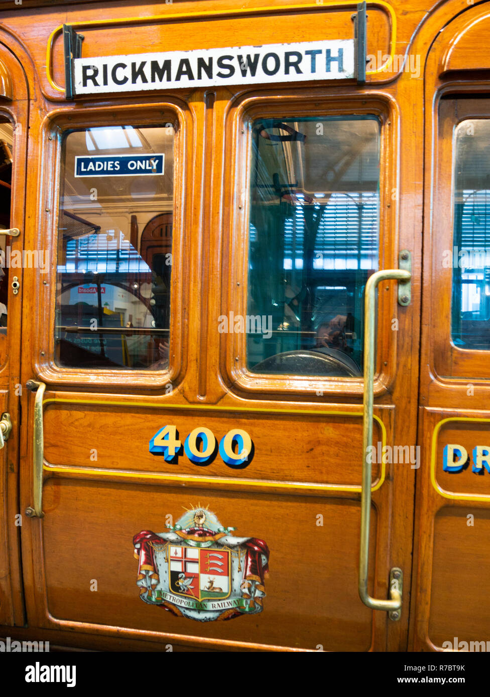 'Ladies Only' sign on a vintage London Underground train carriage for Rickmansworth, London Transport Museum, London, UK Stock Photo