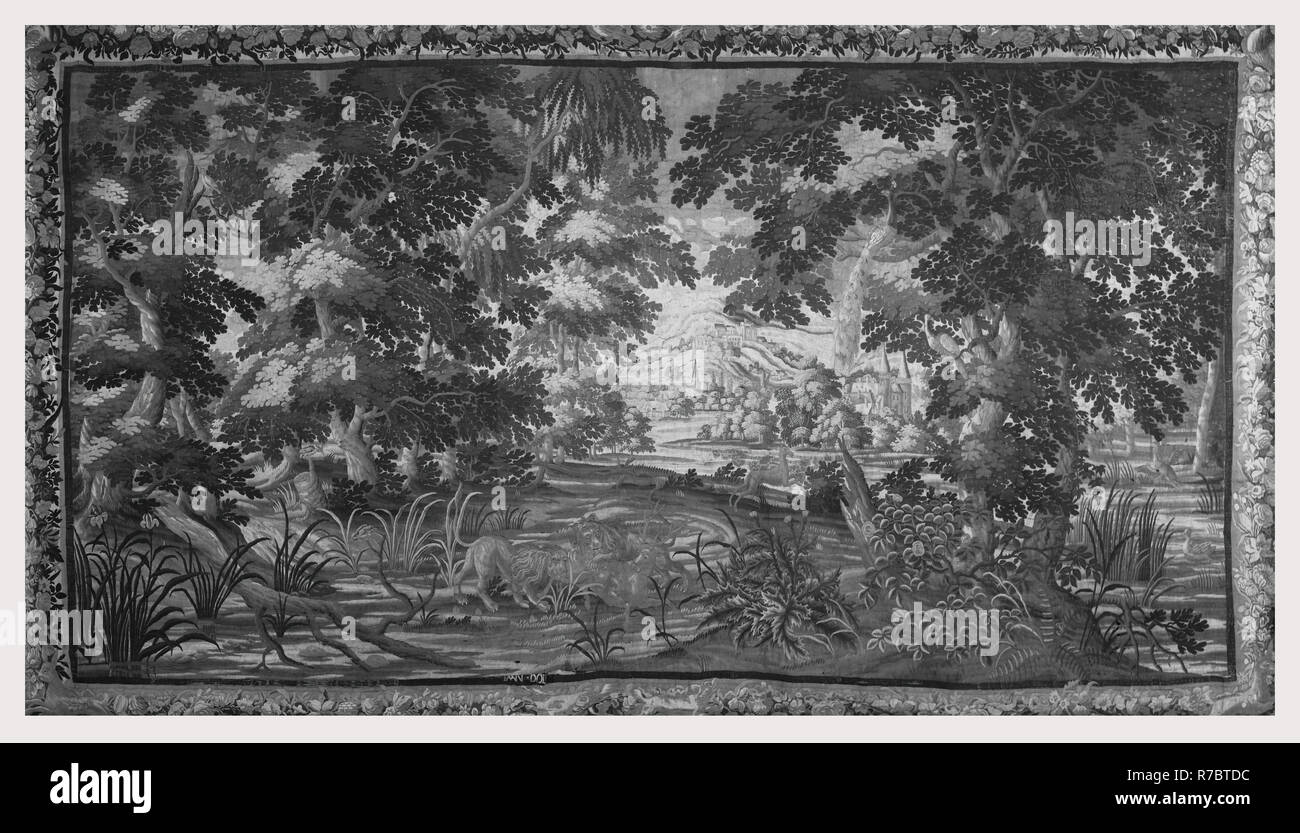 Landscape with two lions attacking stag Stock Photo