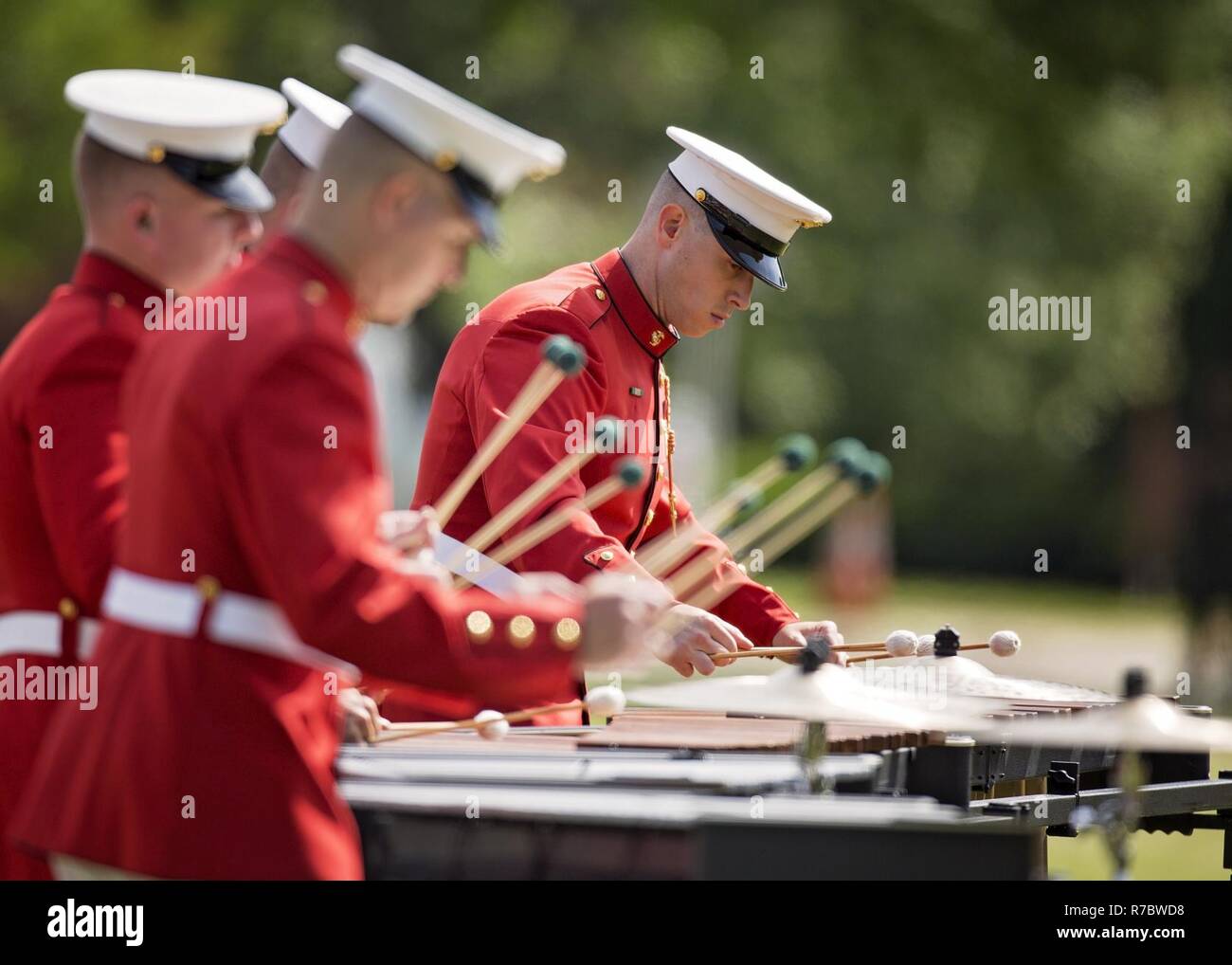 Members of the U.S. Marine Drum & Bugle Corps perform during the