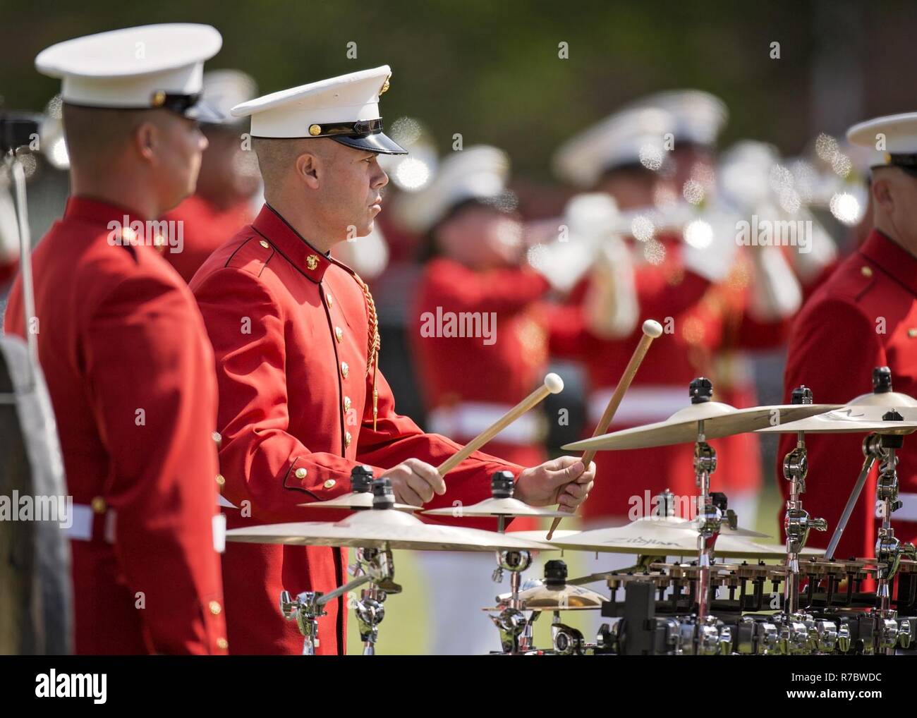 Members of the U.S. Marine Drum & Bugle Corps perform during the