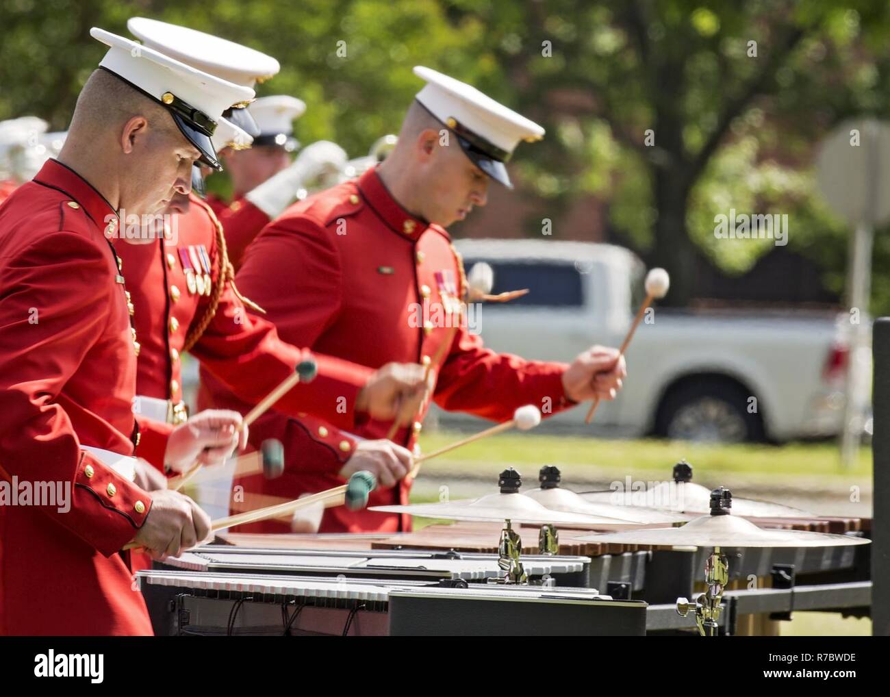 Members of the U.S. Marine Drum & Bugle Corps perform during the
