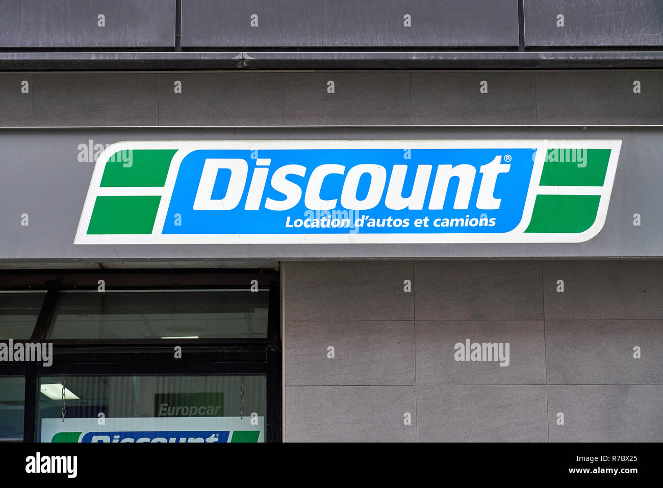 MONTREAL, CANADA - OCTOBER 6, 2018: Discount Car and Truck Rentals service office and logo. Discount Car and Truck Rentals was established in 1980 in  Stock Photo