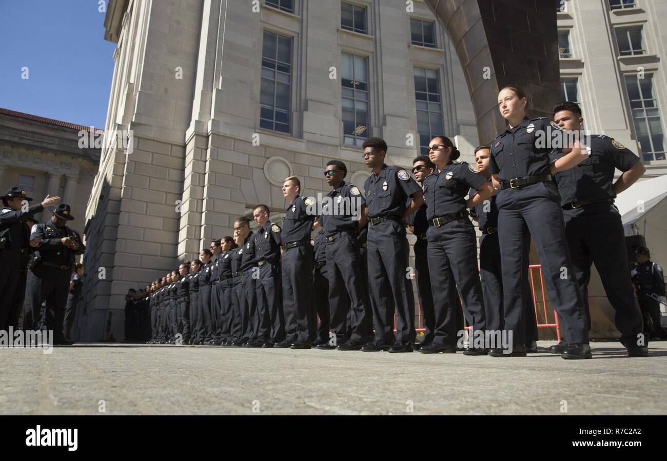 Members of the U.S. Customs and Border Protection Explorers Program fall into formation prior to the Valor Memorial and Wreath Laying ceremony in Woodrow Wilson Plaza outside the Ronald Reagan Building  in Washington, D.C., May 16, 2017. U.S. Customs and Border Protection Stock Photo