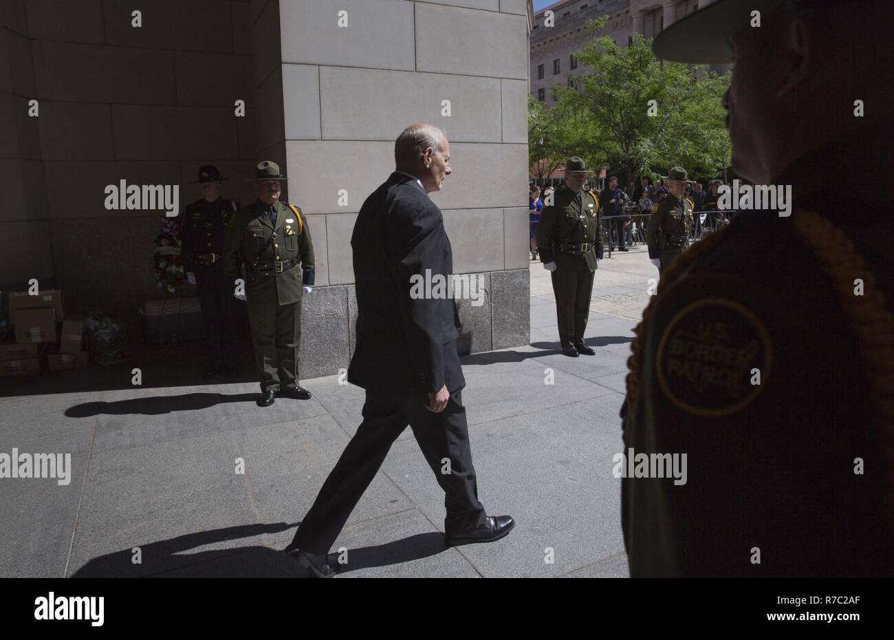 Secretary of Homeland Security John Kelley arrives for the U.S. Customs and Border Protection Valor Memorial and Wreath Laying Ceremony in the Woodrow Wilson Plaza of the Ronald Reagan Building in Washington, D.C., May 16, 2017. U.S. Customs and Border Protection Stock Photo
