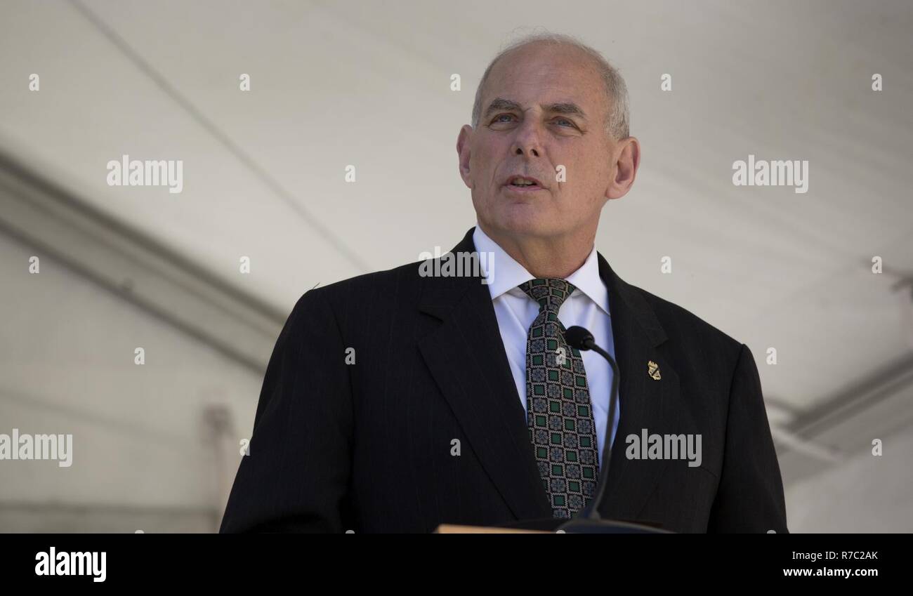 Secretary of Homeland Security John Kelley delivers remarks during the U.S. Customs and Border Protection Valor Memorial and Wreath Laying Ceremony in the Woodrow Wilson Plaza outside the Ronald Reagan Building in Washington, D.C., May 16, 2017. U.S. Customs and Border Protection Stock Photo
