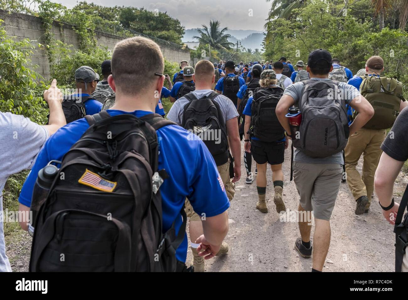 More than 190 members of Joint Task Force-Bravo hiked approximately 3.6 miles round-trip to the village of San Jerónimo, Comayagua, Honduras, Apr. 29, 2017. Members carried more than 5025 lbs of food and supplies, 24 soccer balls and 3 piñatas to the people of San Jerónimo. Chapel hikes have been occurring since 2003, with the JTF-Bravo Chapel sponsoring an average of six every year. The hikes are designed to provide a practical way for JTF-Bravo members to engage and partner with local communities to provide support to surrounding villages in need of food and supplies. Stock Photo
