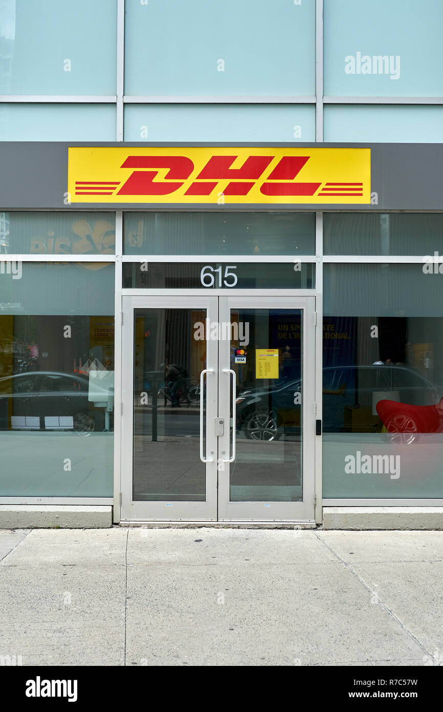 MONTREAL, CANADA - OCTOBER 4, 2018: DHL office and sign. DHL is a German logistics company providing international courier, parcel, and express mail s Stock Photo
