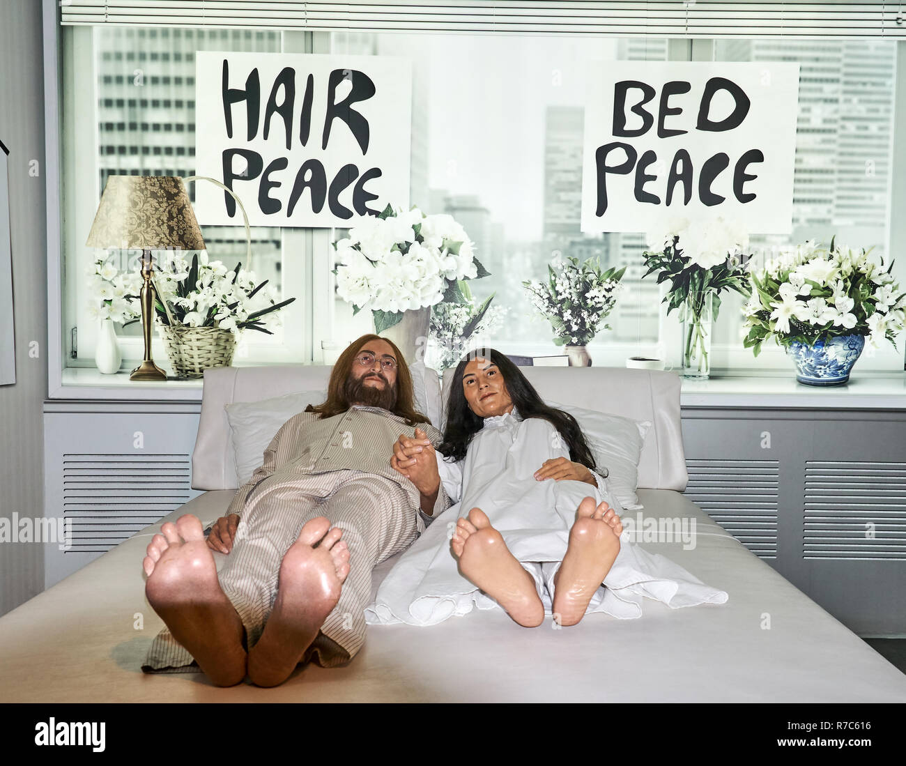 MONTREAL, CANADA - SEPTEMBER 23, 2018: John Lennon and Yoko Ono in the bed.  Wax museum Grevin in Montreal, Quebec, Canada Stock Photo - Alamy