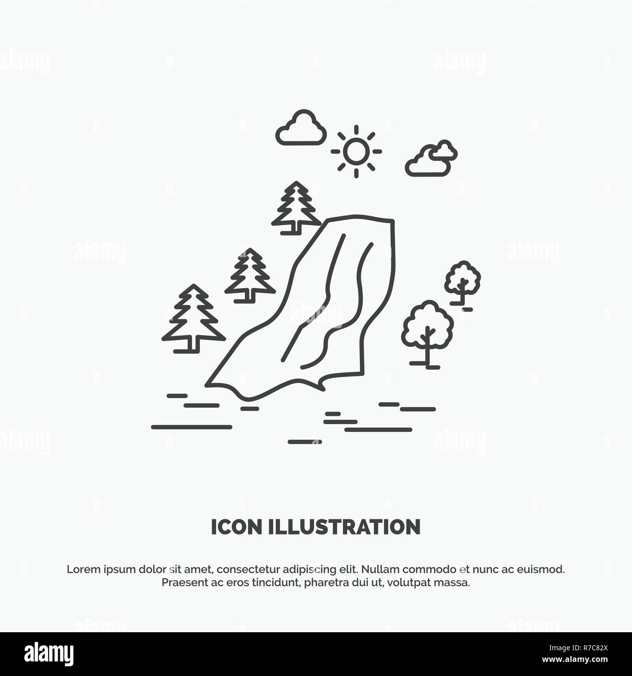 waterfall, tree, pain, clouds, nature Icon. Line vector gray symbol for UI and UX, website or mobile application Stock Vector