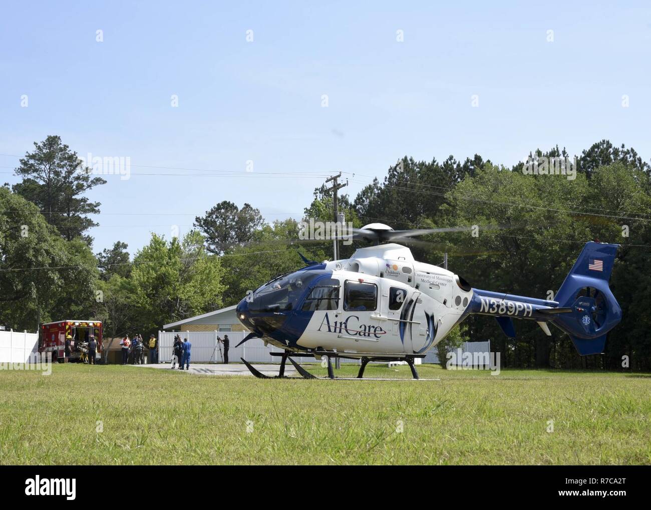 MERIDIAN, Miss. (May 10, 2017) A University of Mississippi Medical Center EC-135 AirCare helicopter lands in base housing during the HURREX/Citadel Gale 2017 exercise on board Naval Air Station Meridian. AirCare was one of four outside agencies assisting NAS Meridian personnel during the exercise.  HURREX/Citadel Gale 2017 is an annual exercise which prepares the Navy to respond to adverse weather threats in U.S. coastal regions, and to maintain the ability to deploy forces even under the most severe weather conditions. Stock Photo
