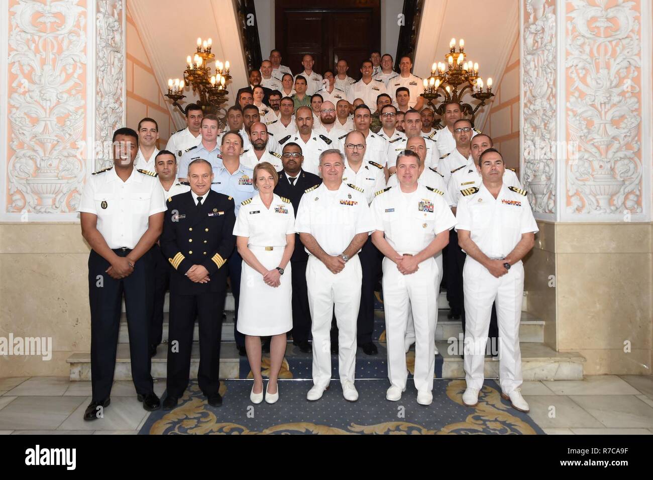 CARTAGENA, Spain (May 10, 2017) Exercise Phoenix Express 2017 leadership pose for a group photo after opening ceremonies at the Spanish Naval Base Arsenal de Cartagena May 10, 2017. Phoenix Express, sponsored by U.S. Africa Command and facilitated by U.S. Naval Forces Europe-Africa/U.S. 6th Fleet, is designed to improve regional cooperation, increase maritime domain awareness information sharing practices, and operational capabilities to enhance efforts to achieve safety and security in the Mediterranean Sea. Stock Photo