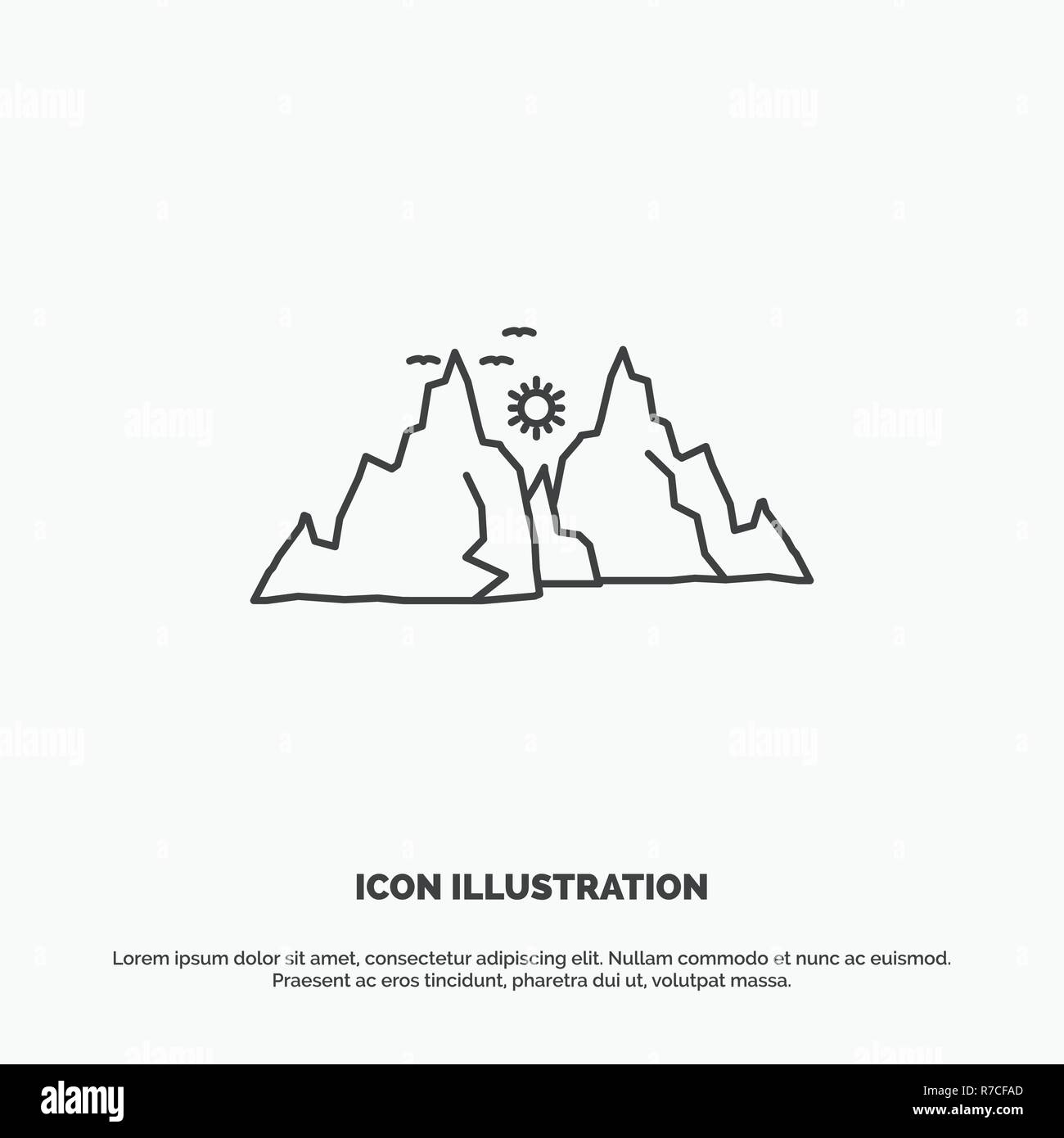 mountain, landscape, hill, nature, sun Icon. Line vector gray symbol for UI and UX, website or mobile application Stock Vector