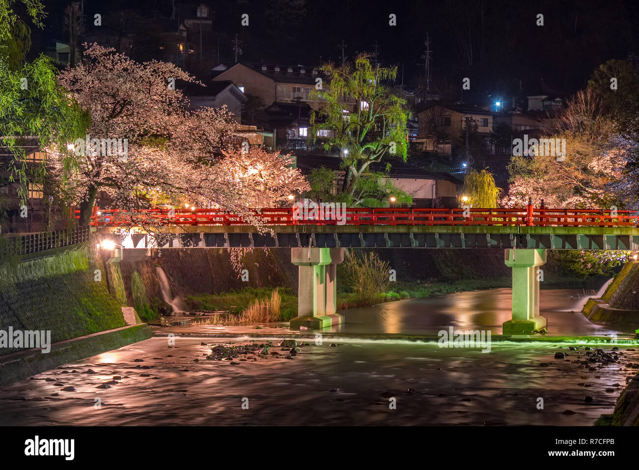 Landscape Of Nakabashi Bridge The Most Recognizable Landmark Of Takayama In The Night On The Cherry Blossom Full Bloom Season Japan Stock Photo Alamy