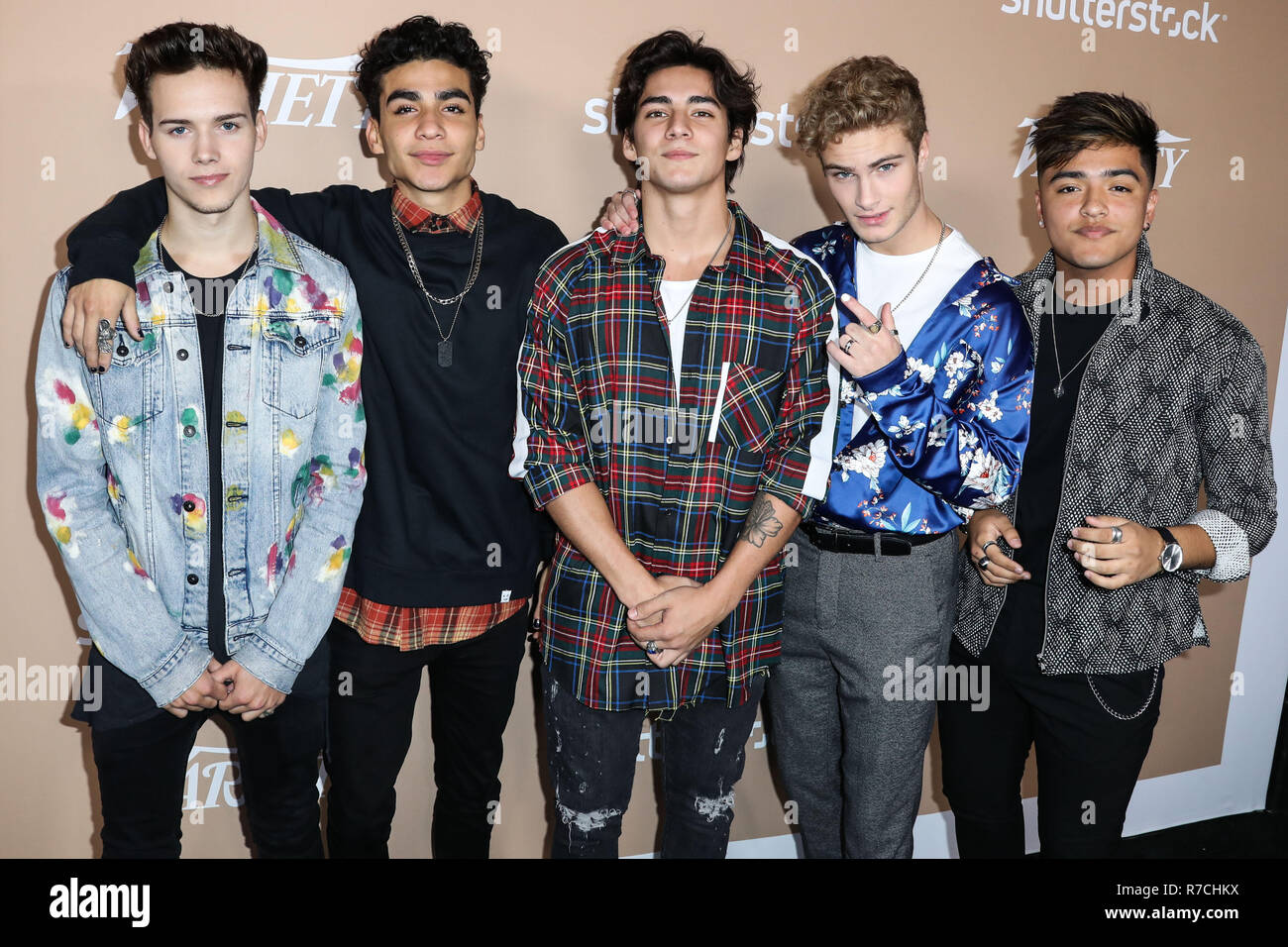 WEST HOLLYWOOD, LOS ANGELES, CA, USA - DECEMBER 01: Brady Tutton, Chance Perez, Drew Ramos, Sergio Calderon, Michael Conor, In Real Life arrive at the 2nd Annual Variety Hitmakers Brunch held at the Sunset Tower Hotel on December 1, 2018 in West Hollywood, Los Angeles, California, United States. (Photo by Xavier Collin/Image Press Agency) Stock Photo
