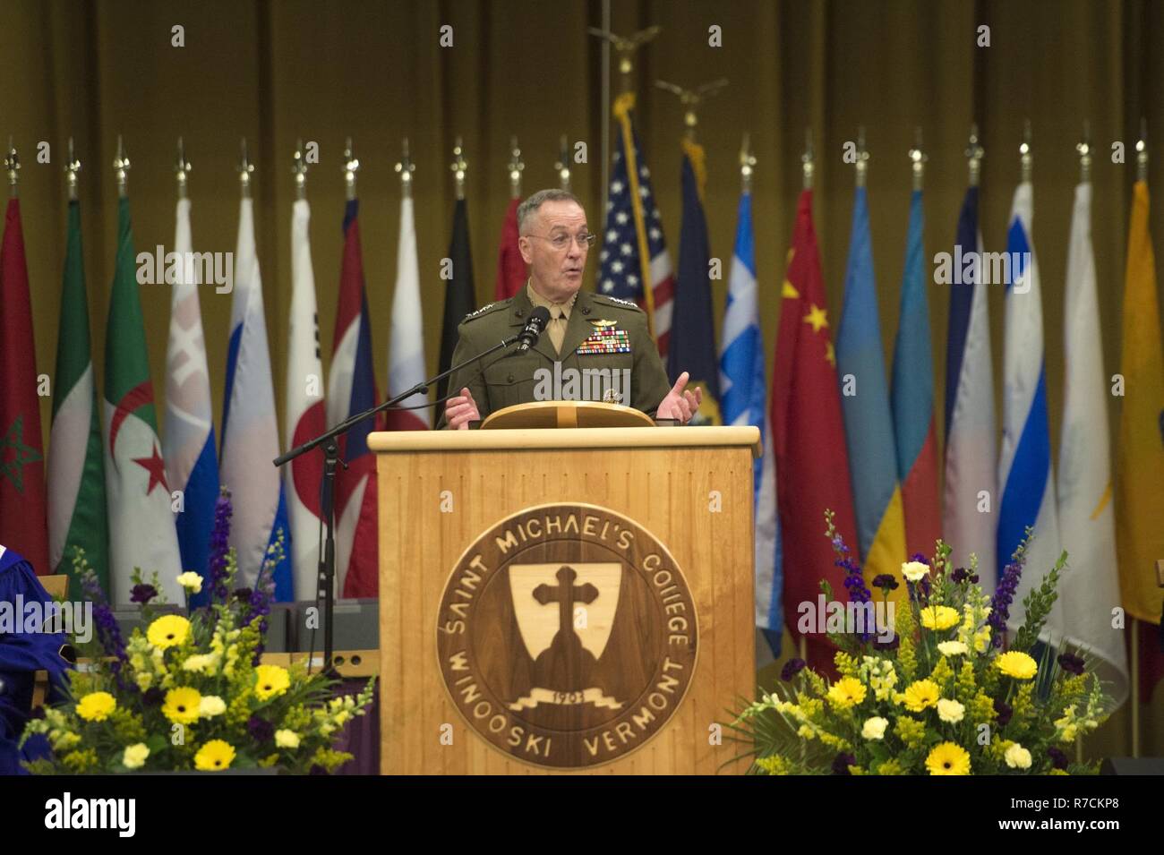 Marine Corps Gen. Joseph F. Dunford Jr., chairman of the Joint Chiefs of Staff, addresses graduates of the Saint Michael's College class of 2017 during the school's 110th Commencement in Colchester, Vt. May 14, 2017. Dunford graduated from Saint Michaels College in 1977 and has maintained close ties with the college over the years. (Dept. of Defense Stock Photo