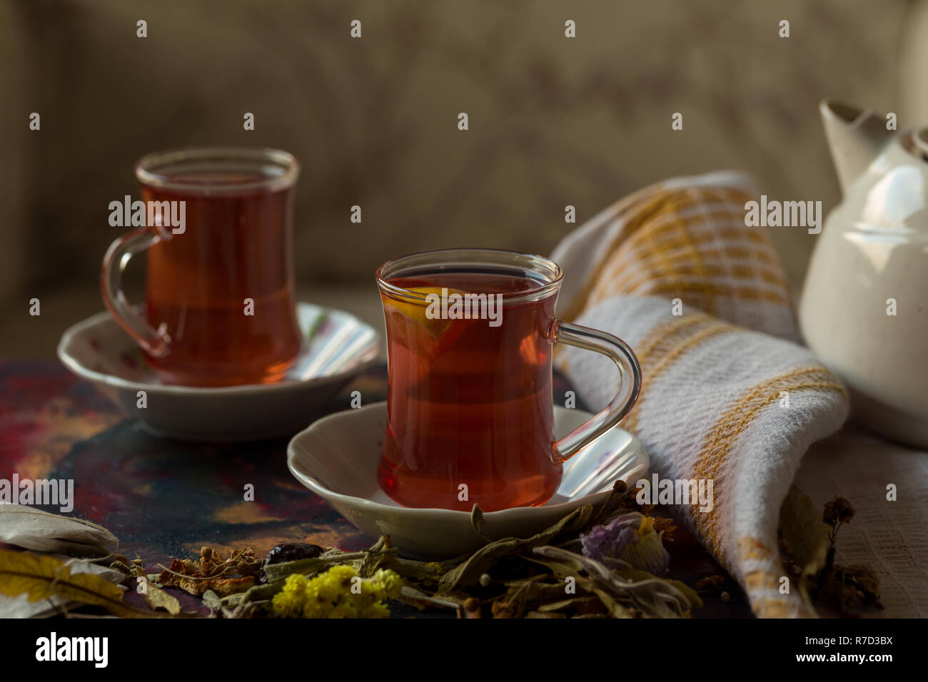 indispensable hot drink of the winter months; herbal teas Stock Photo ...