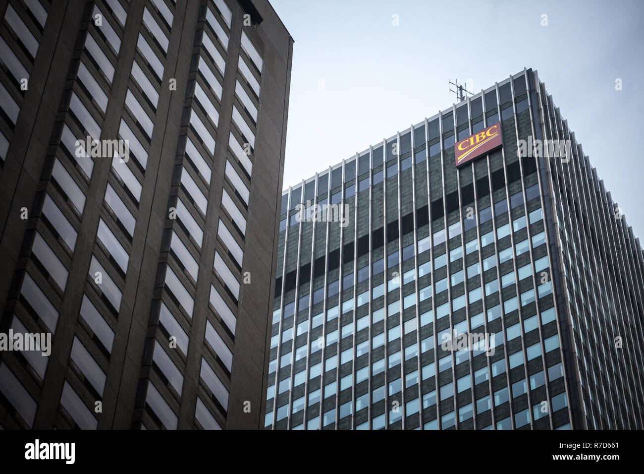 MONTREAL, CANADA - NOVEMBER 3, 2018: CIBC logo, in front of one of their main offices in the center of Montreal. Called as well Canadian Imperial Bank Stock Photo