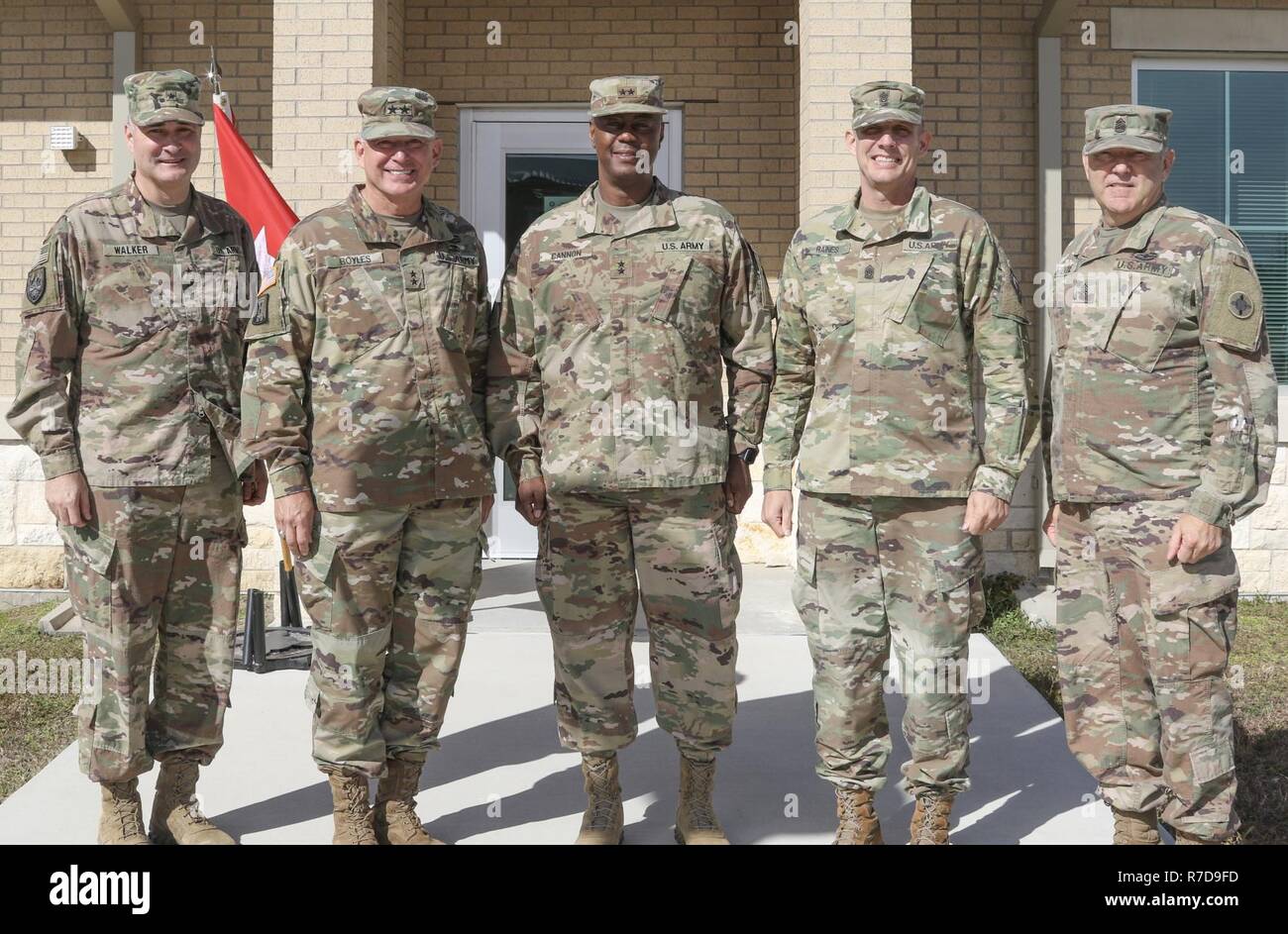 Brig. Gen. Clint E. Walker, commander of the 184th Sustainment Command, Mississippi Army National Guard,  Maj. Gen. Janson D. Boyles, the adjutant general of  Mississippi, Maj. Gen. Slyvester Cannon,  assistant adjutant General of Alabama, Command Sgt. Maj. John T. Raines, senior enlisted advisor of the Mississippi National Guard , and  Command Sgt. Maj. Jason Little Sr, senior enlisted advisor of the 184th Sustianment Command, gathers during a visit to Fort Hood before the 184th SC deploys to Kuwait later this year. Stock Photo