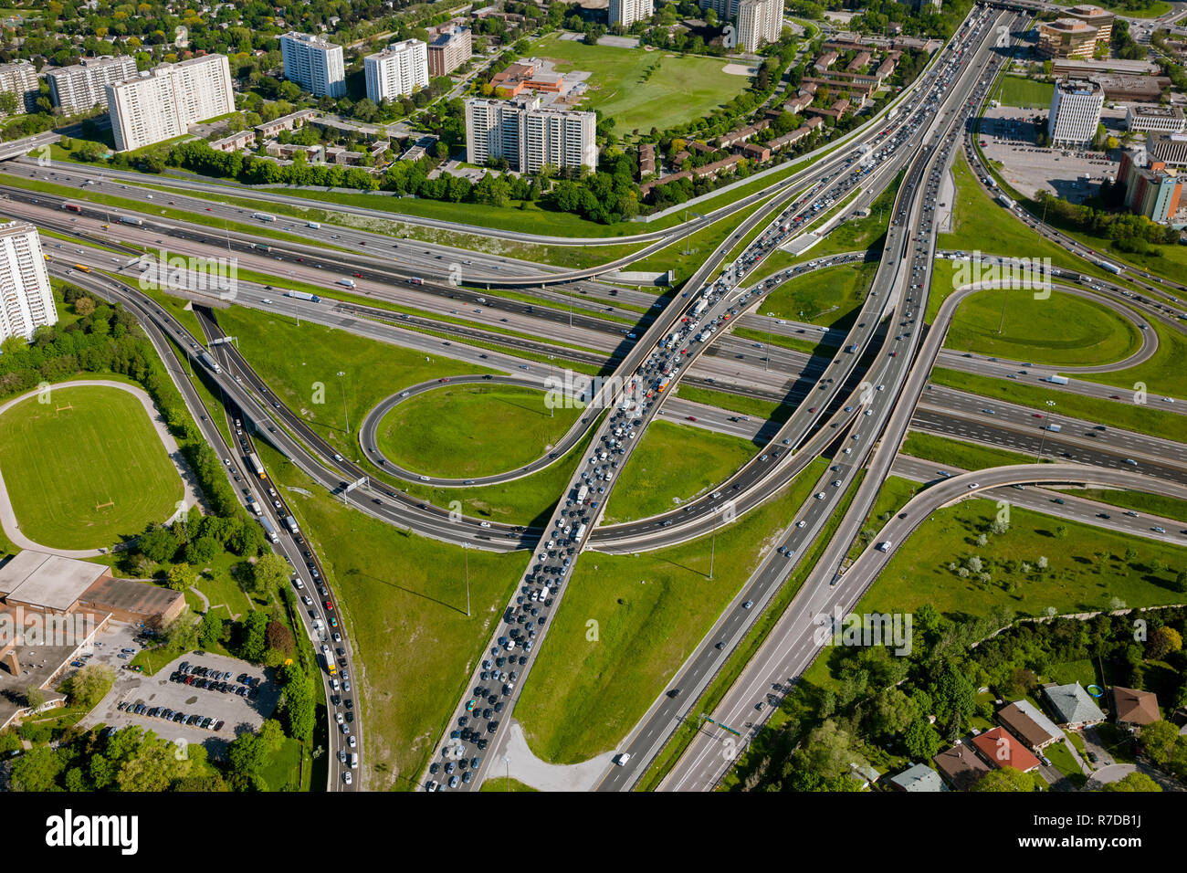 An Aerial view of Highway interchange at Highway 401 and 404/Don Valley Parkway, Toronto. Stock Photo