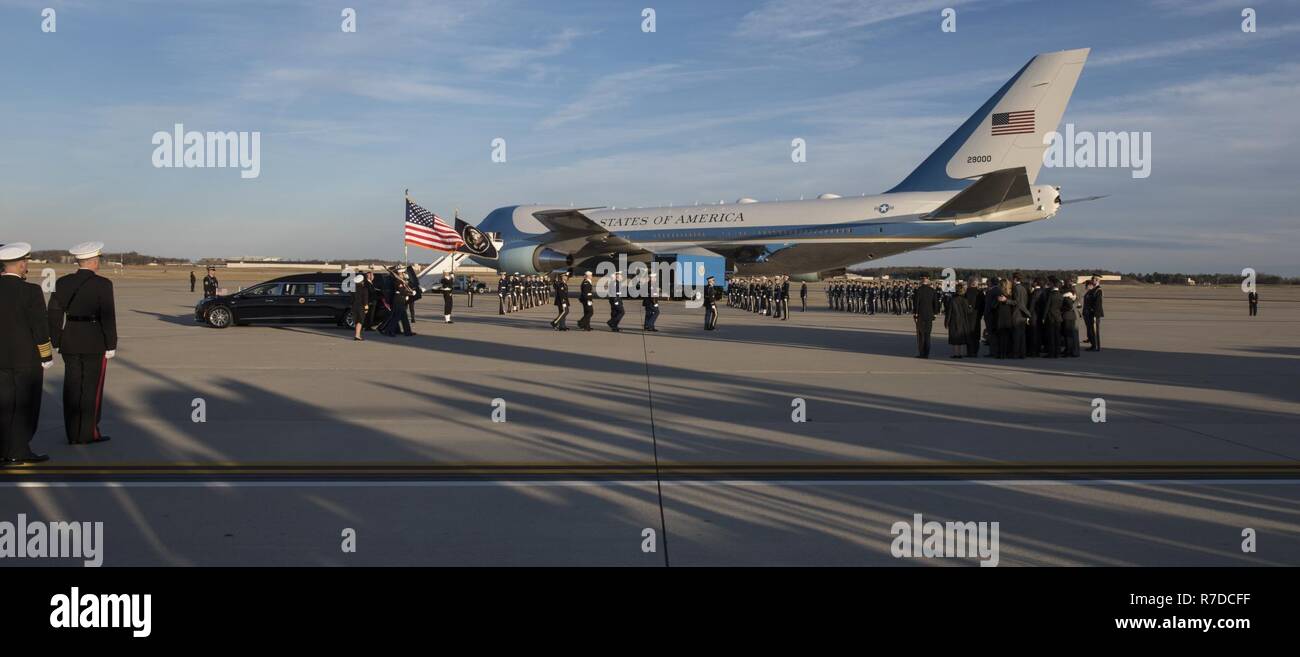 George H.W. Bush’s state funeral takes place on Joint Base Andrews, Md., Dec. 3, 2018. Nearly 4,000 military and civilian personnel from across all branches of the U.S. armed forces, including Reserve and National Guard components, provided ceremonial support during George H.W. Bush's, the 41st President of the United States state funeral. Stock Photo