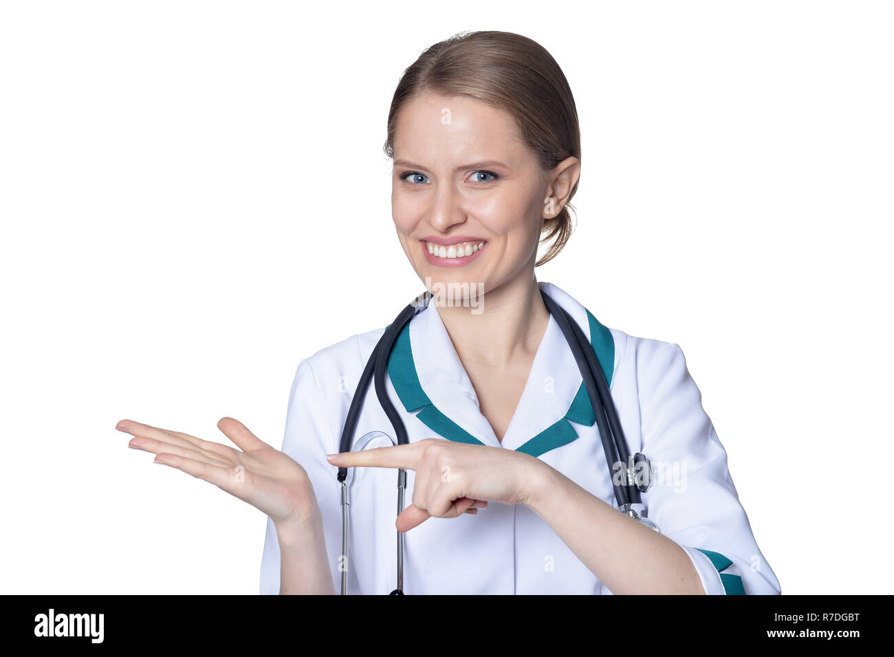 Doctor Point Woman Happy beautiful female doctor point hi-res stock photography and images ...
