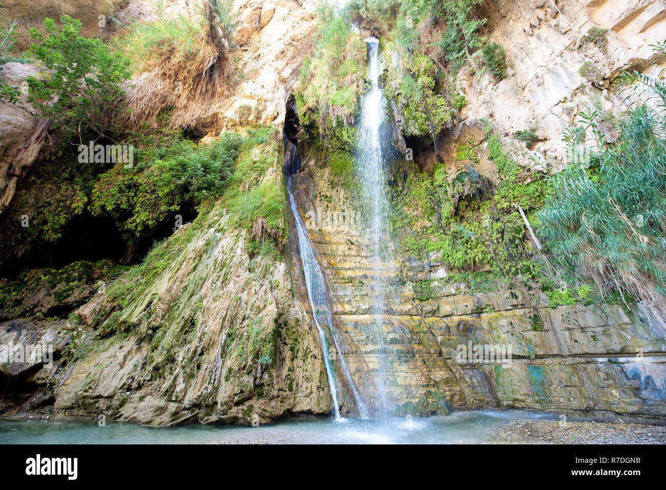 A view of the Nahal David Waterfall, Ein Gedi, Israel Stock Photo