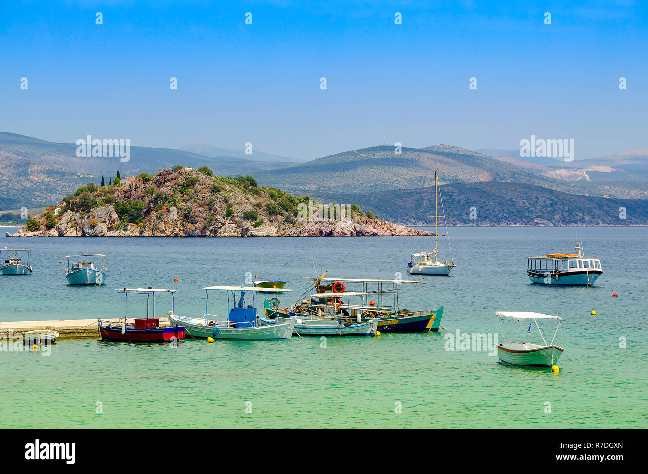 Greece,Peloponesse,Tolo near Nafplion city. View of the sea on Tolo and a small island Stock Photo