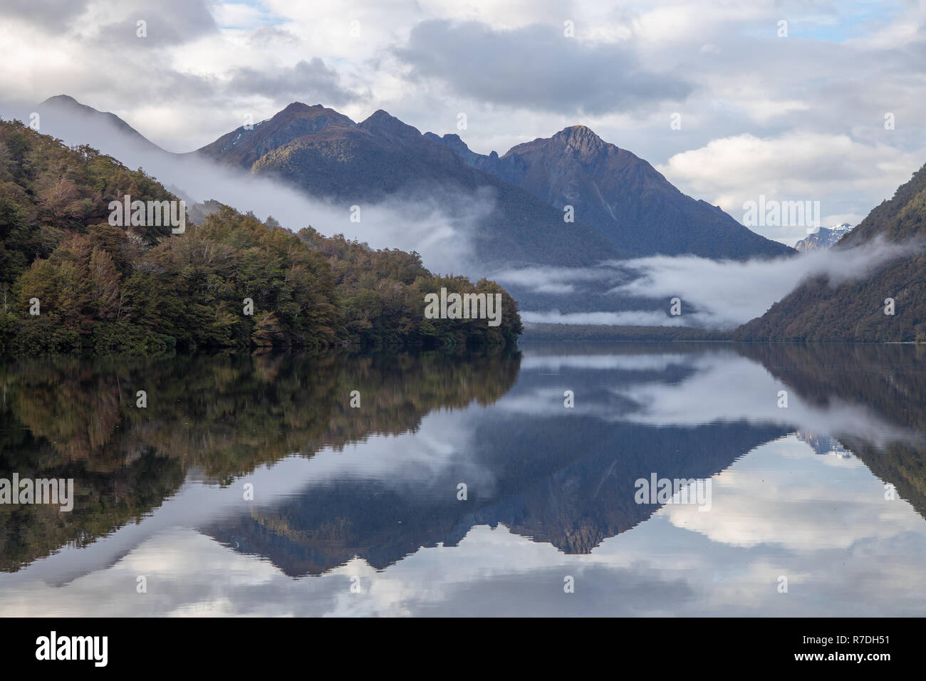 Reflections on Lake Gunn, Fiordland National Park, New Zealand Stock Photo