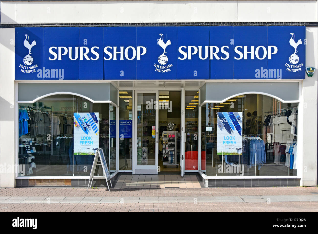 Tottenham Hotspur premier league football club retail sports shop front window for business selling Spurs football kit & fans memorabilia Southend UK Stock Photo