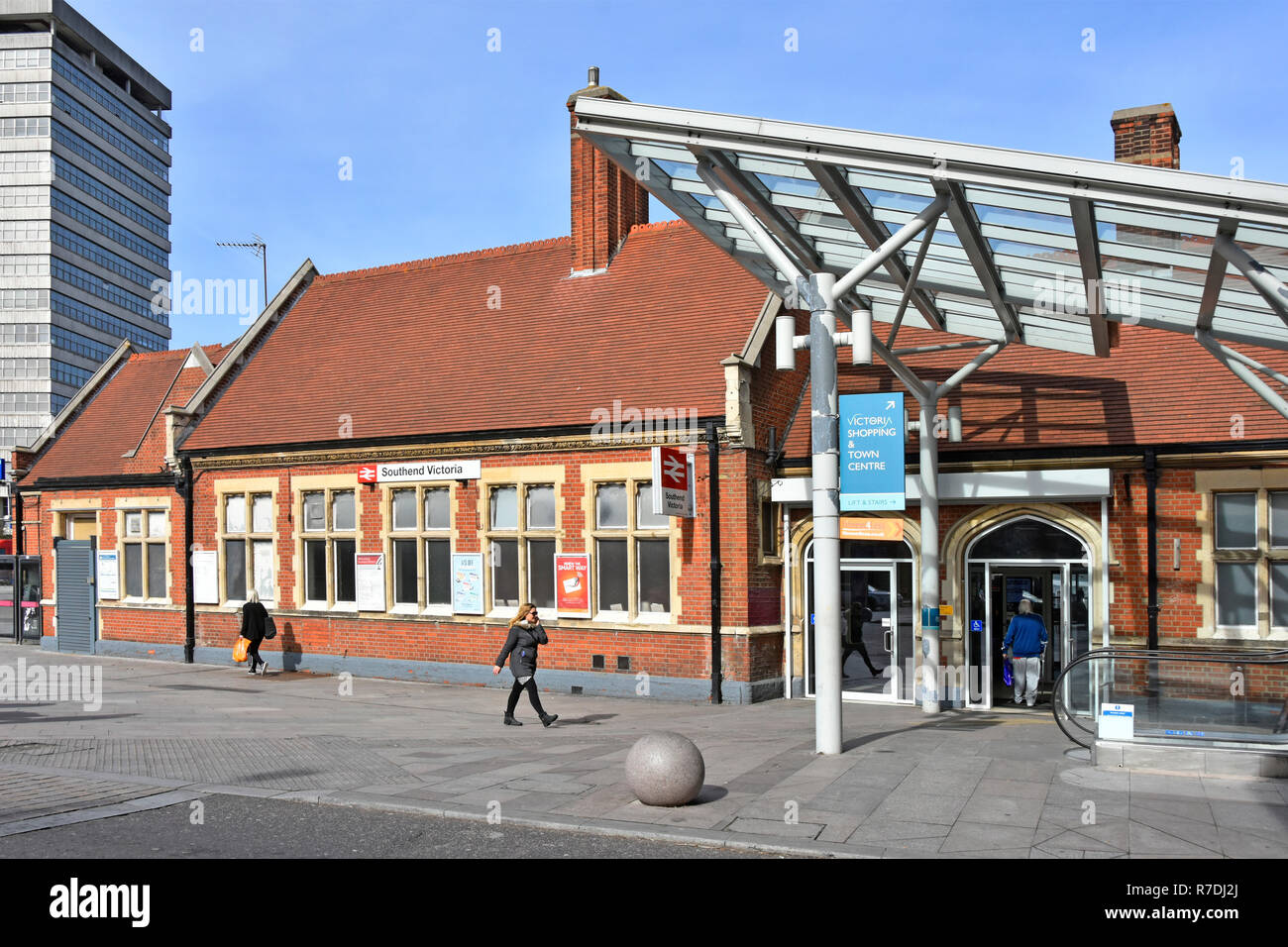 Façade entrance to Southend Victoria railway station passenger access to public transport Greater Anglia train routes to London from  Essex England UK Stock Photo