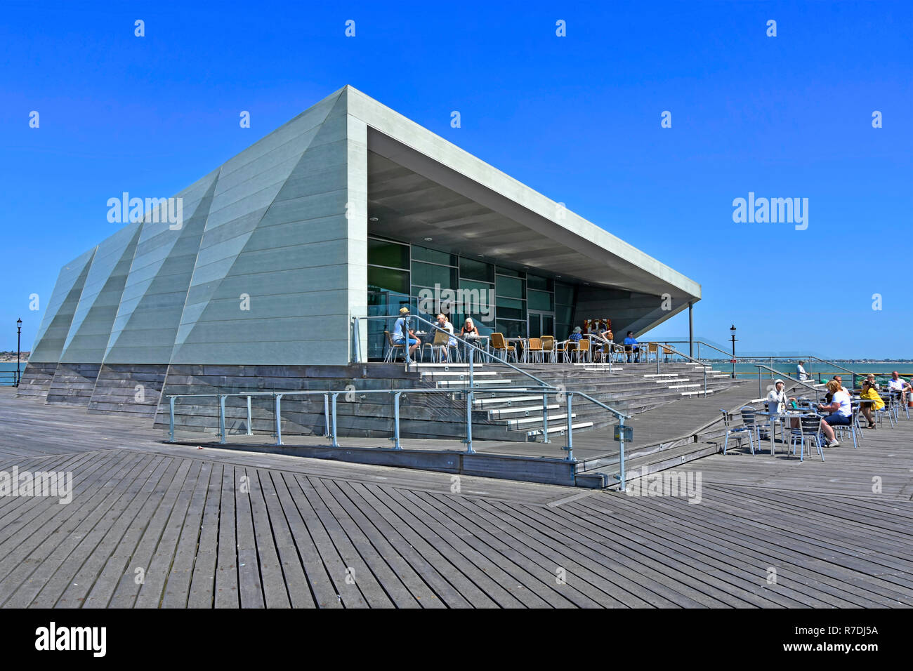 Southend Pier disabled access modern building & architecture at Royal Pavilion pier head café people eating out River Thames estuary Essex England UK Stock Photo