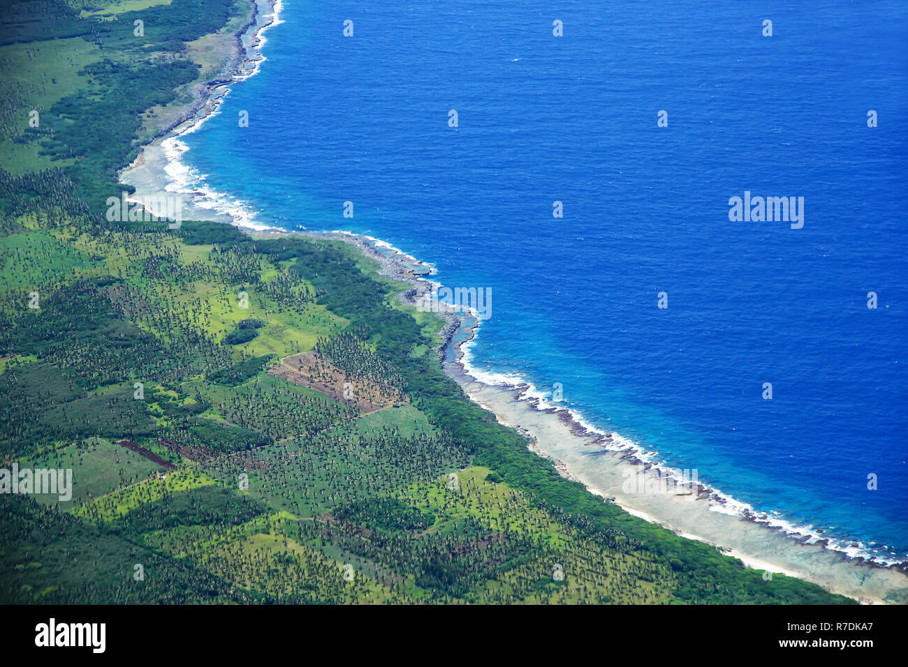 Aerial view of Tongatapu island coastline in Tonga. Tongatapu is the ...