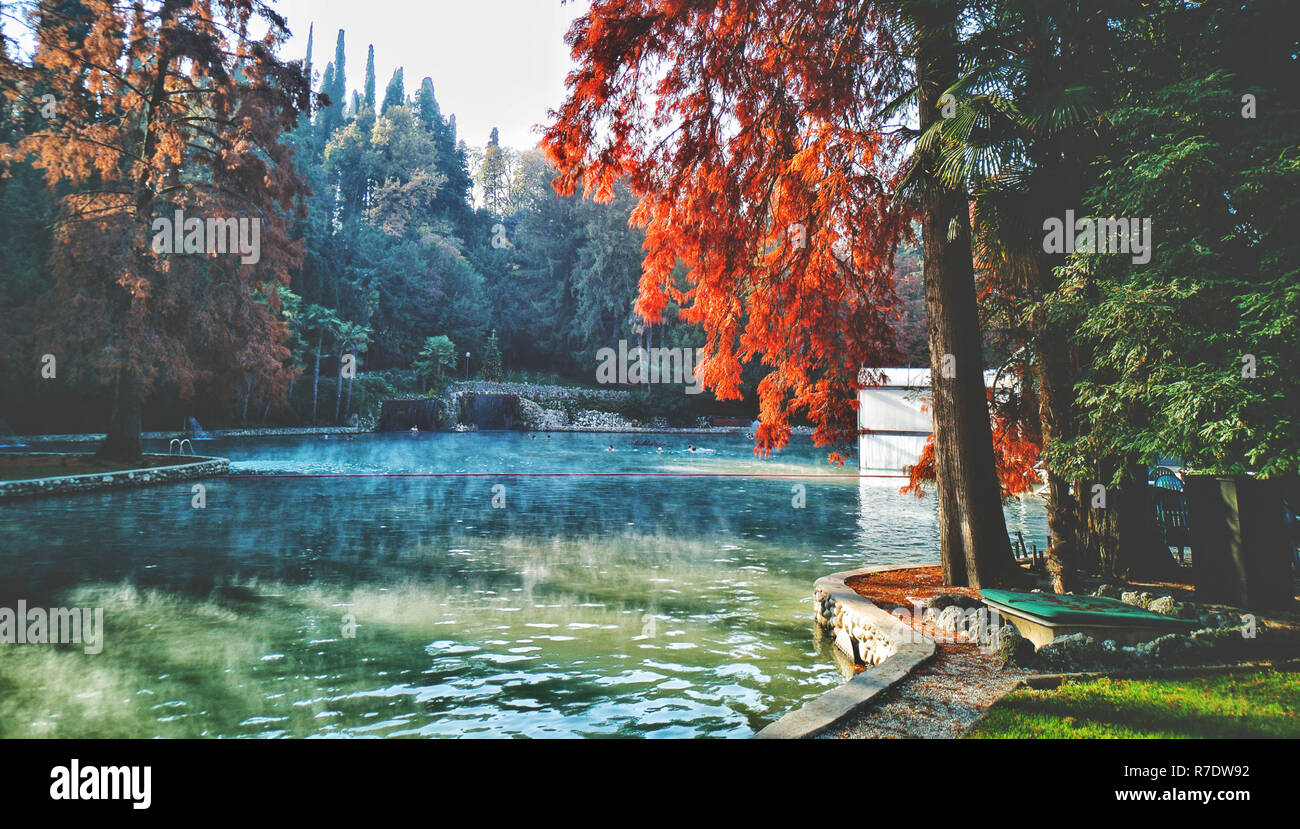 hot spring autumn pond Garda lake thermal park Stock Photo