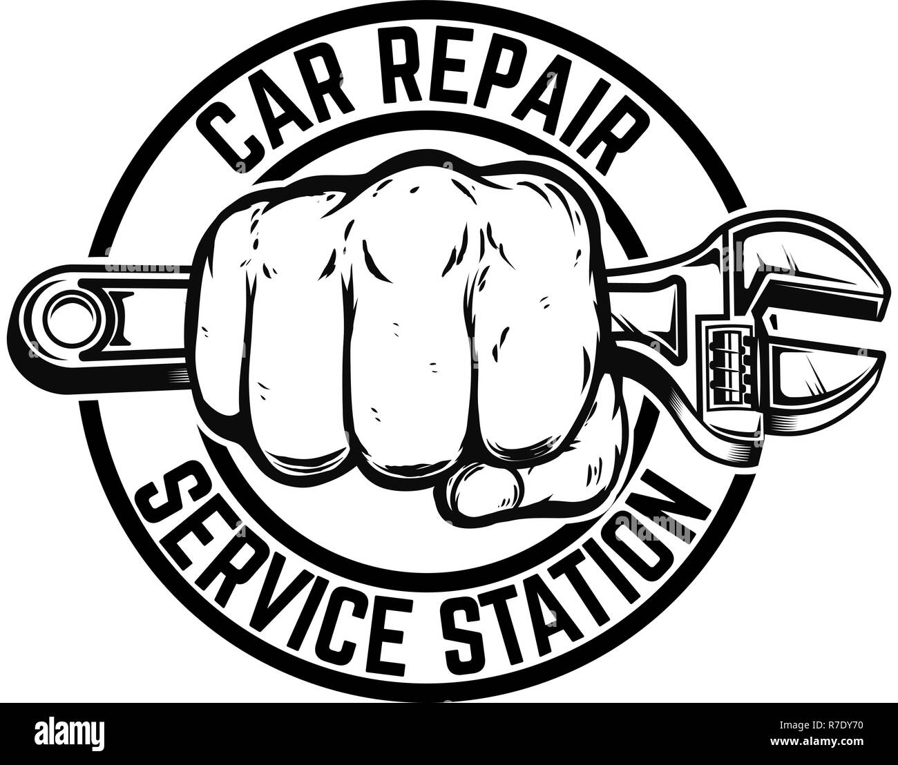 Car repair service station. Hand with adjustable wrench. Design element