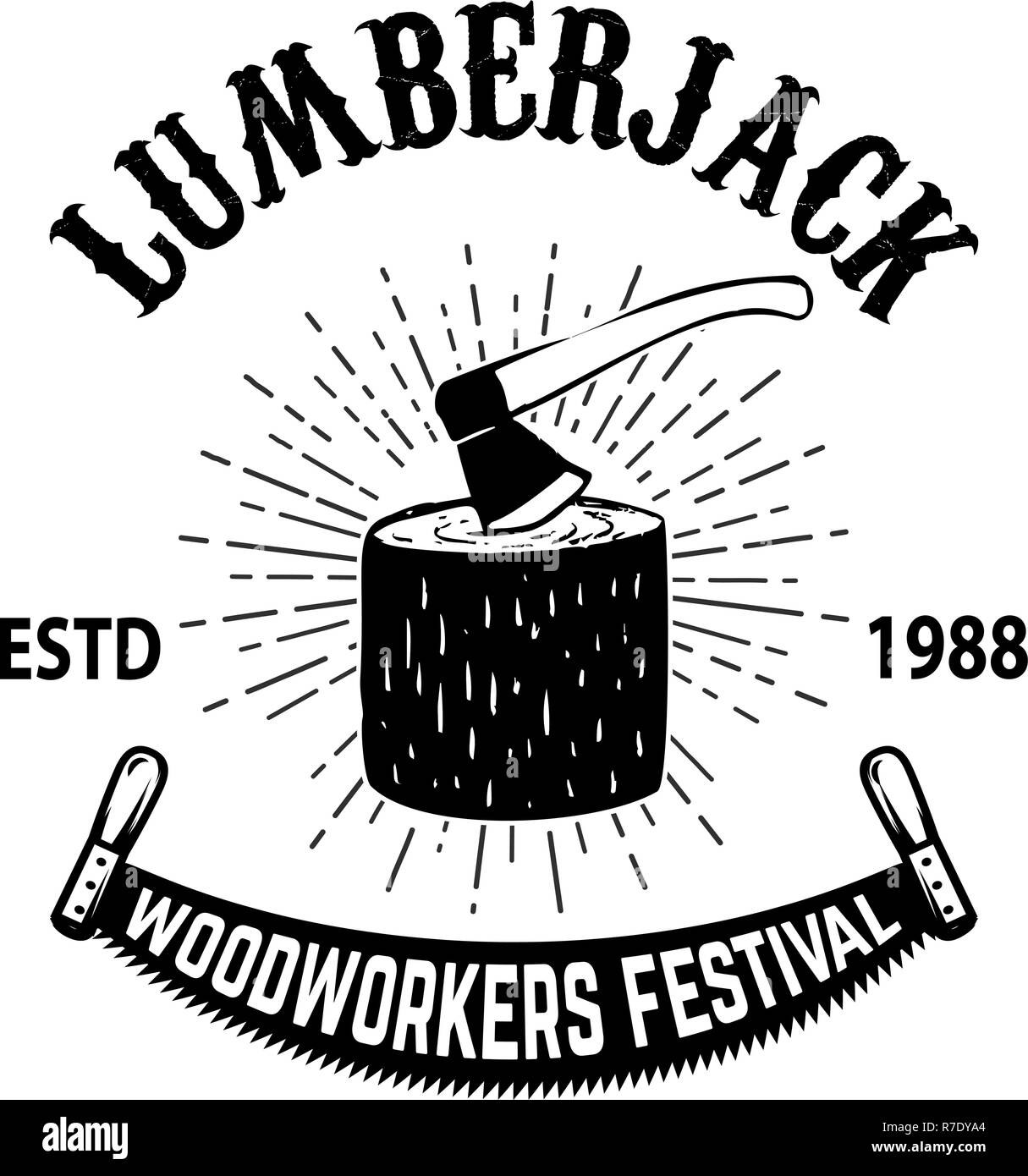 Poster template of lumberjack festival. Wood stump with hatchet. Design