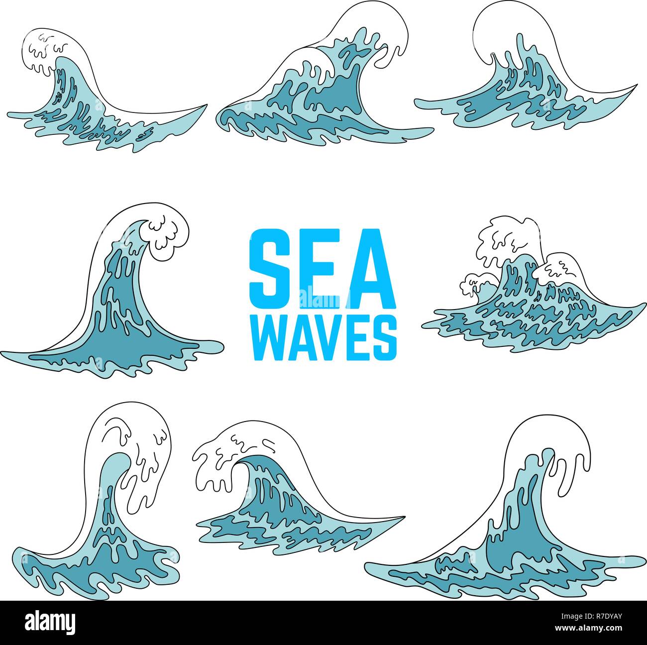 Set of sea waves illustrations. Design elements for poster, card ...