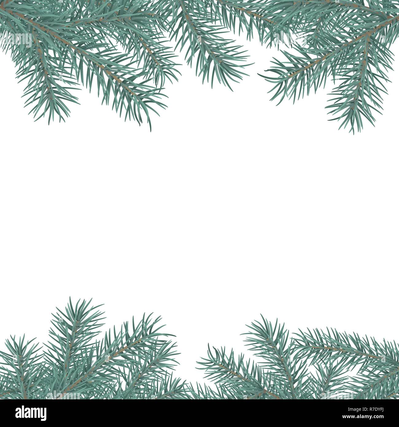 Fir branch border. Winter holiday decoration element on white background with space for greeting text. Vector illustration Stock Vector