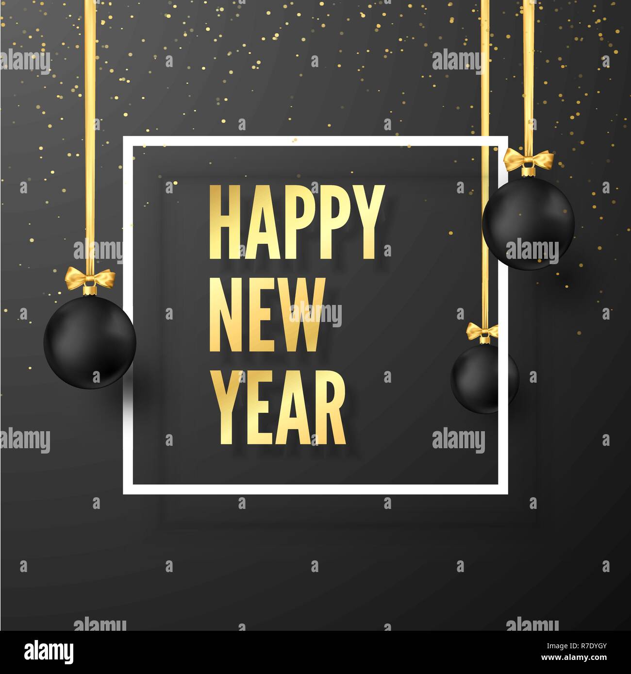 Happy New Year Greeting Card. Black Christmas Balls with Golden Ribbons ...