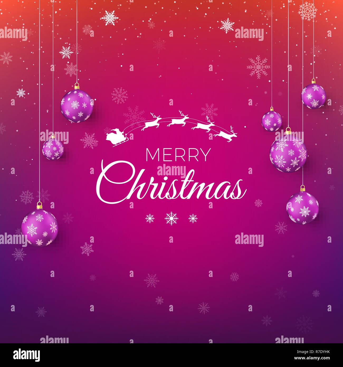 Merry Christmas greeting card in red and purple colors. White silhouette of flying Santa Claus with reindeer sleigh decorated by Christmas balls and g Stock Vector