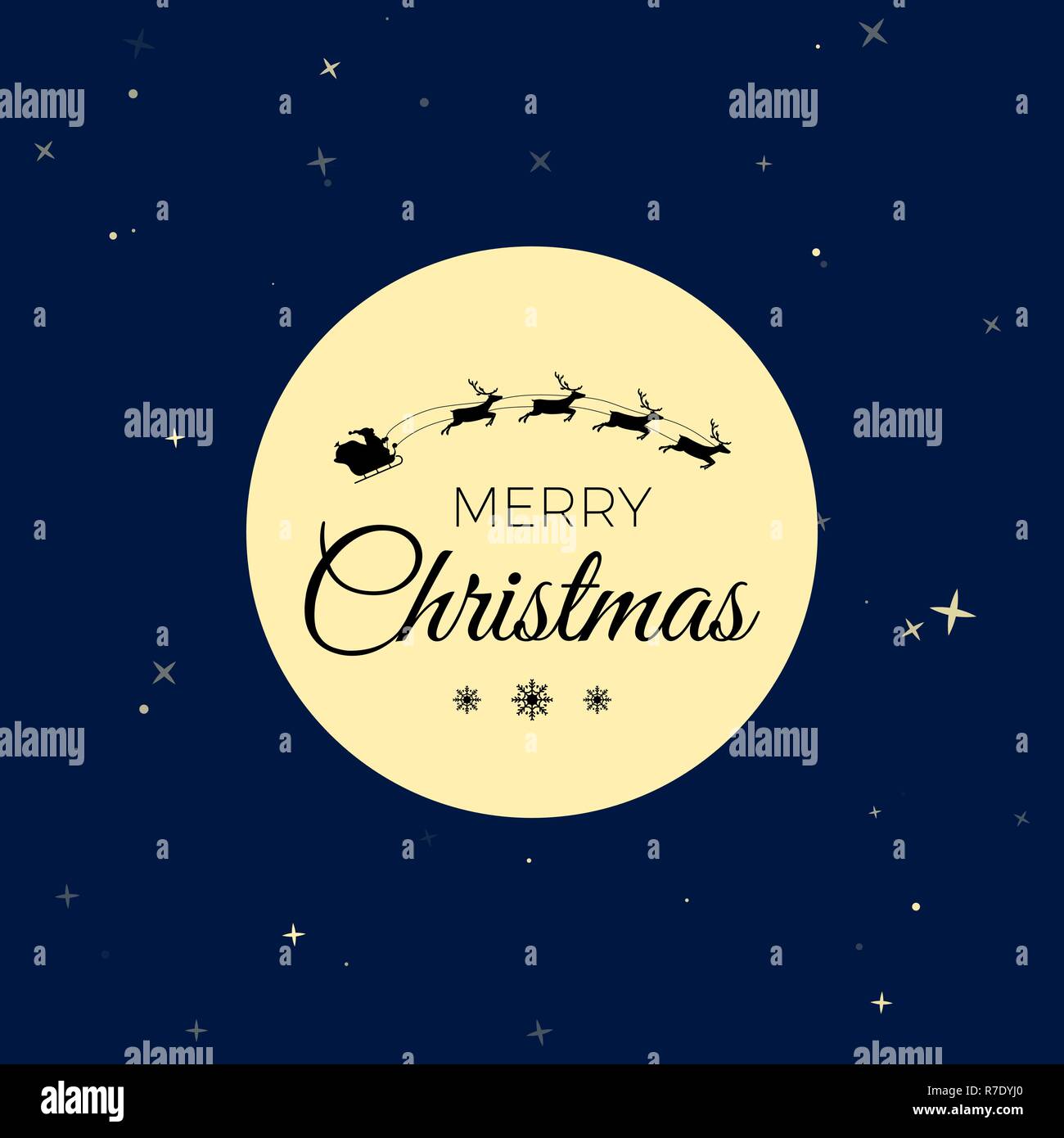 Silhouette of santa claus in deer sledding on night sky background. Santa fly on Moon background. Vector illustration Stock Vector