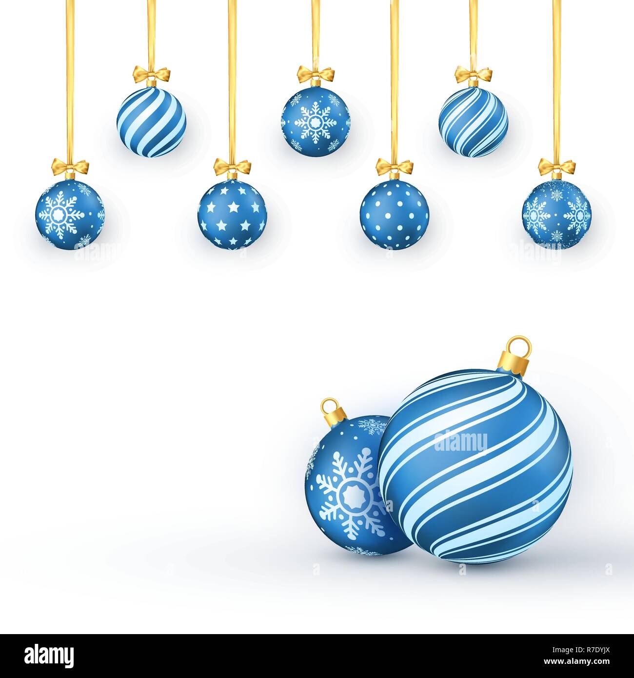 New Year background with blue Christmas balls golden ribbons and bows. Vector illustration Stock Vector