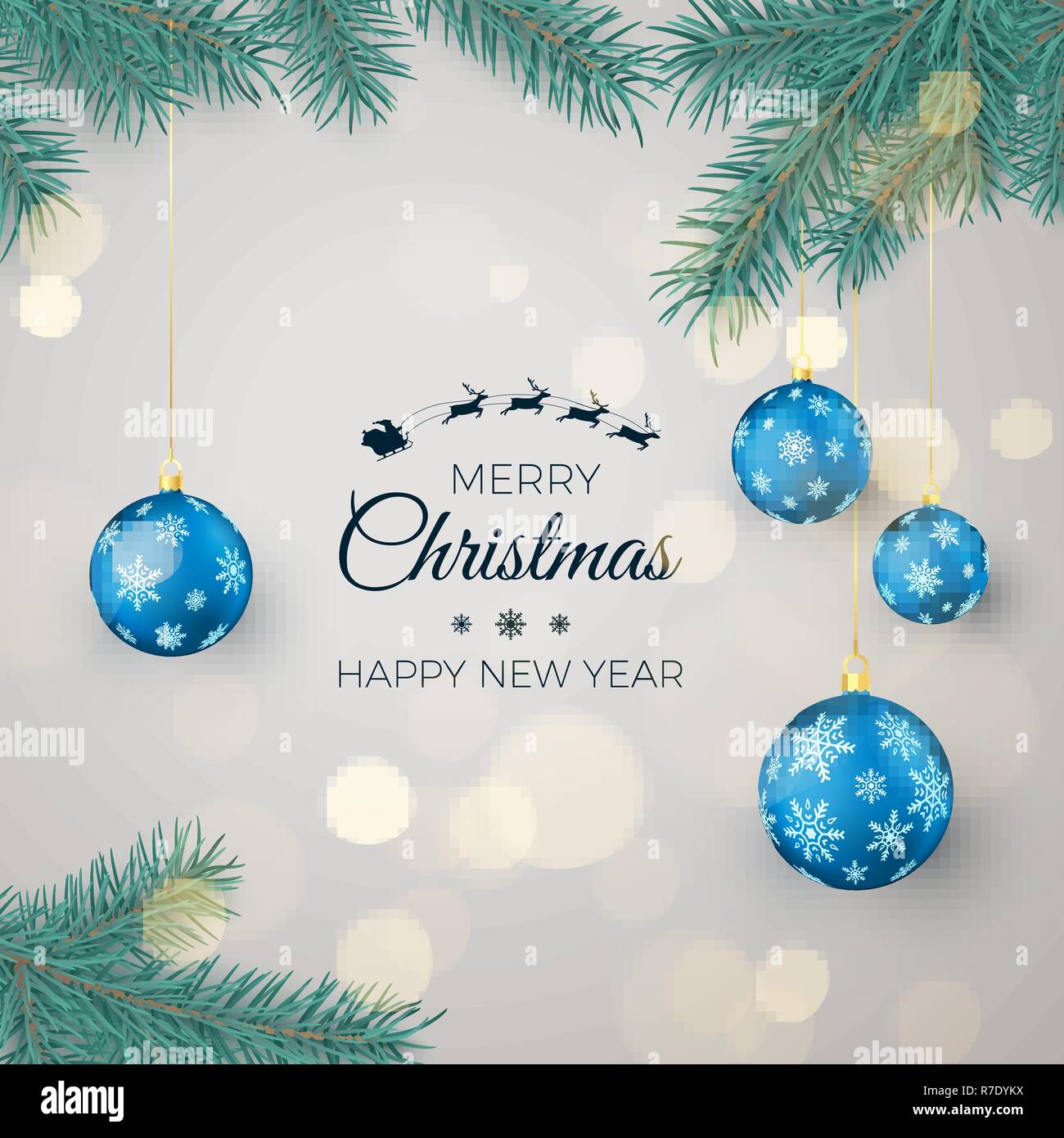Happy New Year Background for Seasonal Greetings Cards and Banners. Blue  Christmas Balls Hanging on Pine Branches and Greeting Text. Vector illustrat Stock Vector