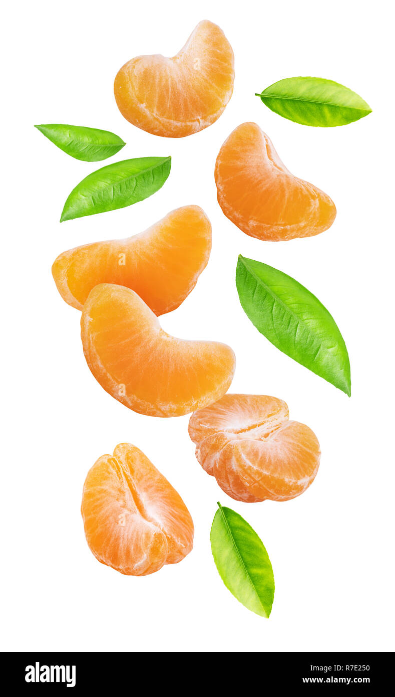 Falling mandarins isolated on white background. Clipping path Stock Photo