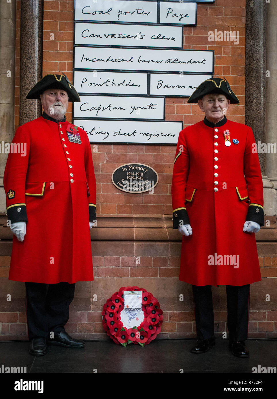 St. Pancras International reveals a permanent war memorial, the first ever in the station, on its 150th anniversary and the centenary of the end of World War I. The memorial is displayed on the station’s Grand Terrace, close to the location of bomb damage from two prominent air raids on the station.    The memorial was unveiled during a special service which included a reading from the station’s 15-year-old Poet Laureate and an exclusive performance from wartime choir the D-Day Darlings.  Featuring: Atmosphere, View Where: London, United Kingdom When: 08 Nov 2018 Credit: Wheatley/WENN Stock Photo