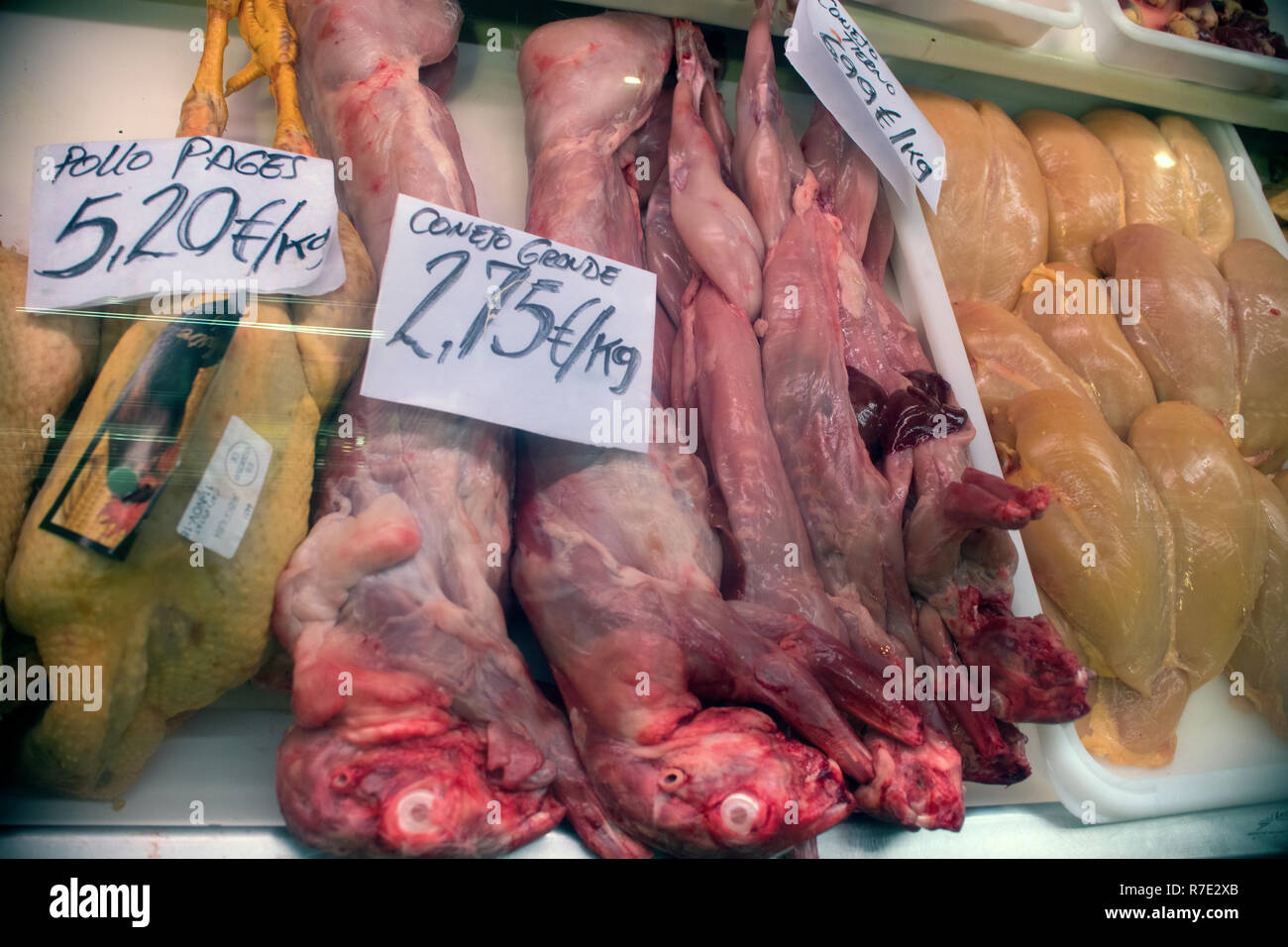 Rabbits on sale  at mercat de la Boquer Stock Photo
