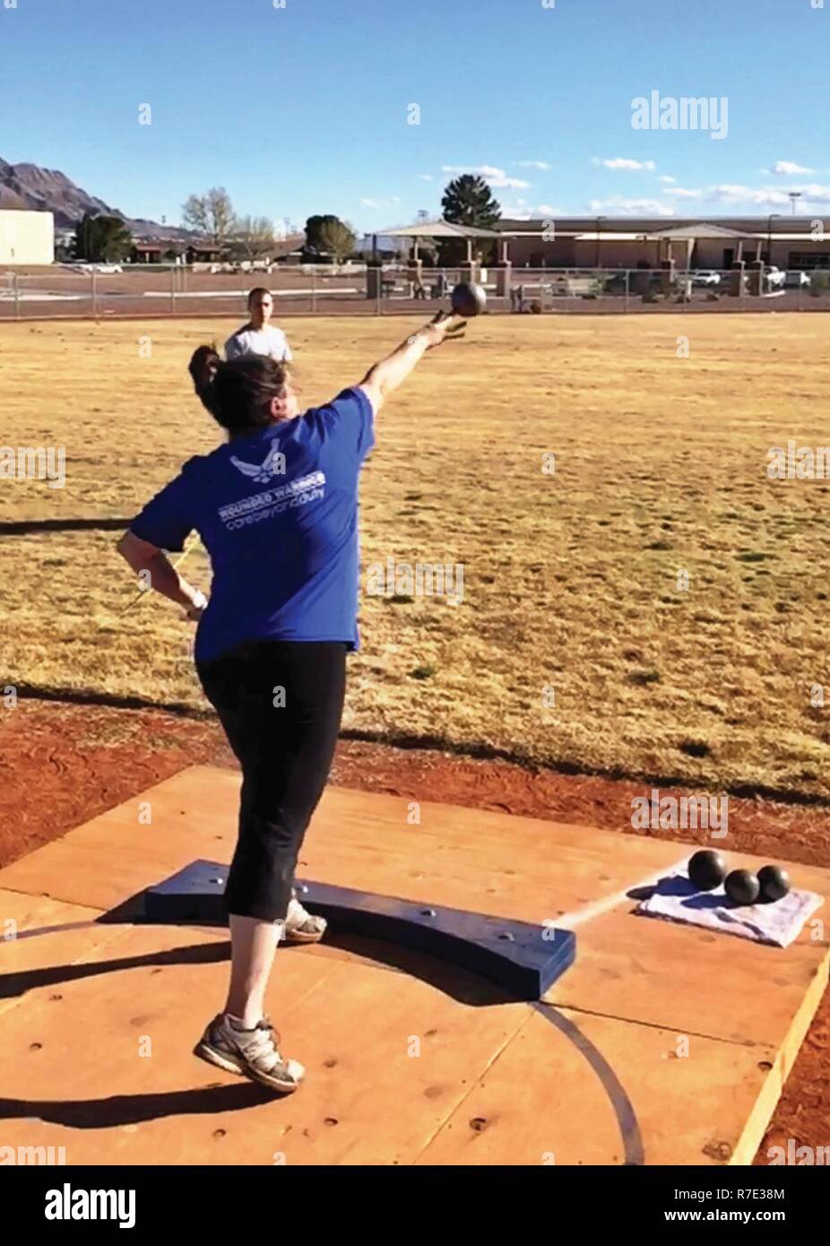 Lt Col Jackie Burns, 552d Air Control Group, 552d Air Control Wing, competes in the shot put event at the Wounded Warrior Trials held February 17, 2017 at Nellis Air Force Base, Nevada.  Burns earned three Silver Medals and one Bronze Medal and was selected to the primary Air Force team that will compete in the Warrior Games in Chicago June 30 - July 8, 2017.    (Air Force Stock Photo
