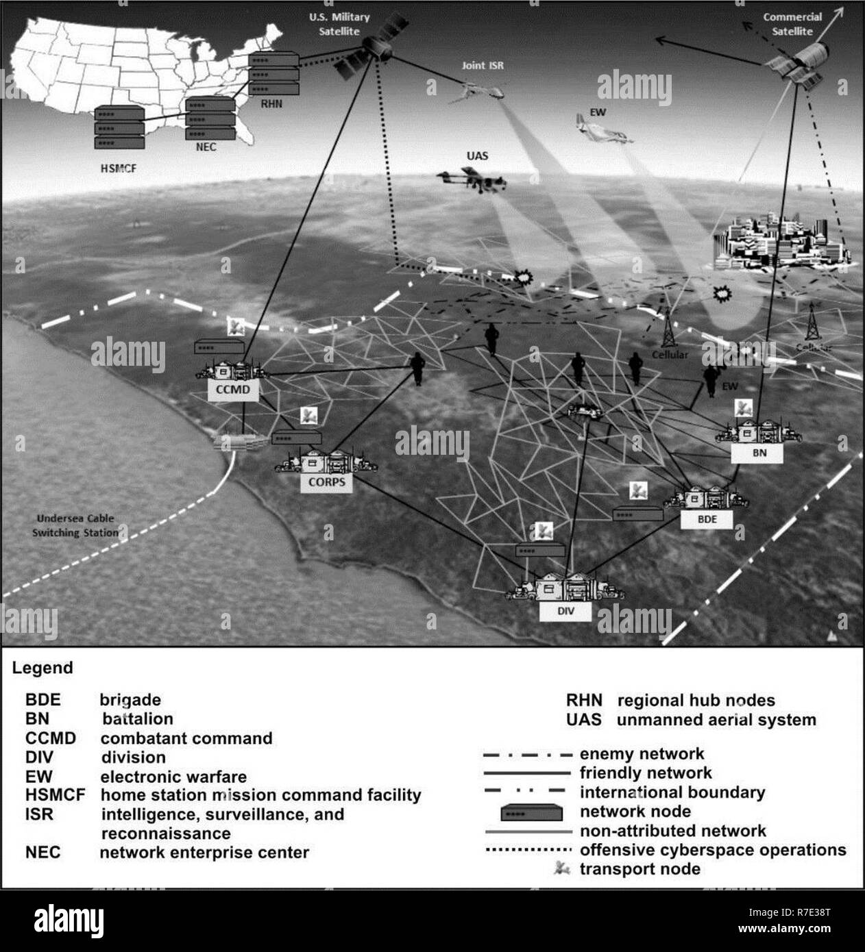 The Cyberspace and Electronic Warfare Operations Field Manual 3-12, Figure  1-1,  is a visual  representation  of cyberspace and use of the electromagnetic spectrum in an operational environment. Stock Photo