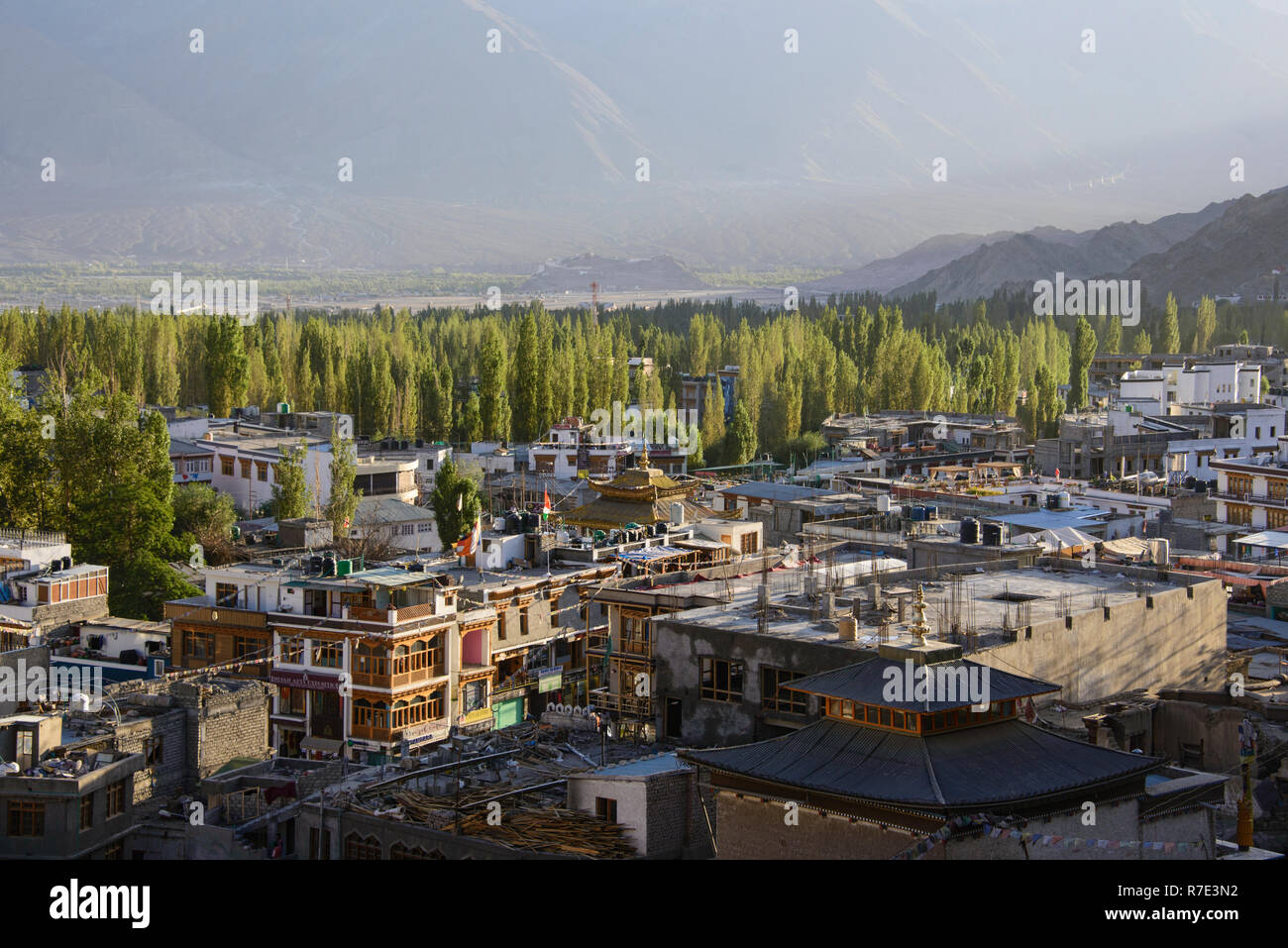 View of Leh City, Stok Kangri and the Ladakh Range, Leh, Ladakh, India Stock Photo